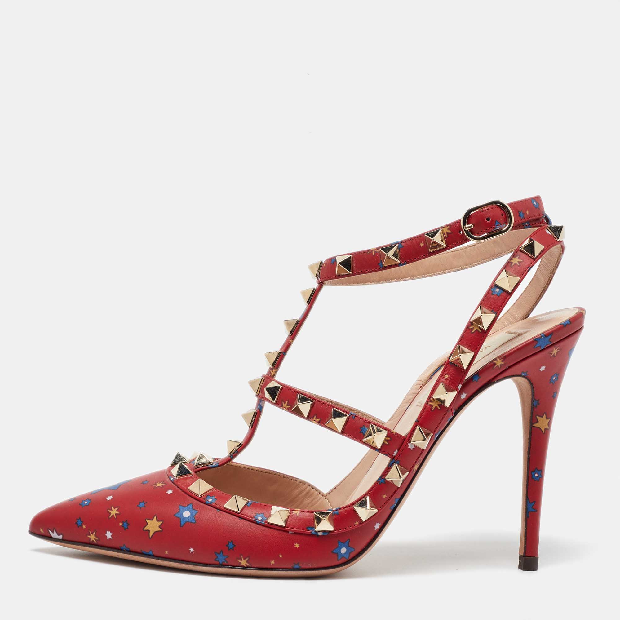 

Valentino Red Printed Leather Rockstud Strappy Sandals Size