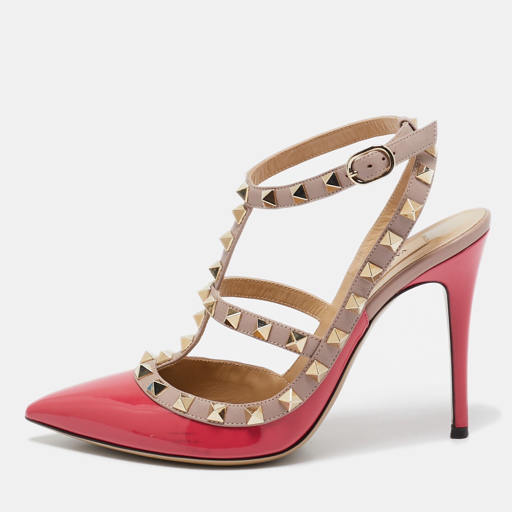 

Valentino Pink/Beige Leather and Patent Leather Rockstud Pumps Size