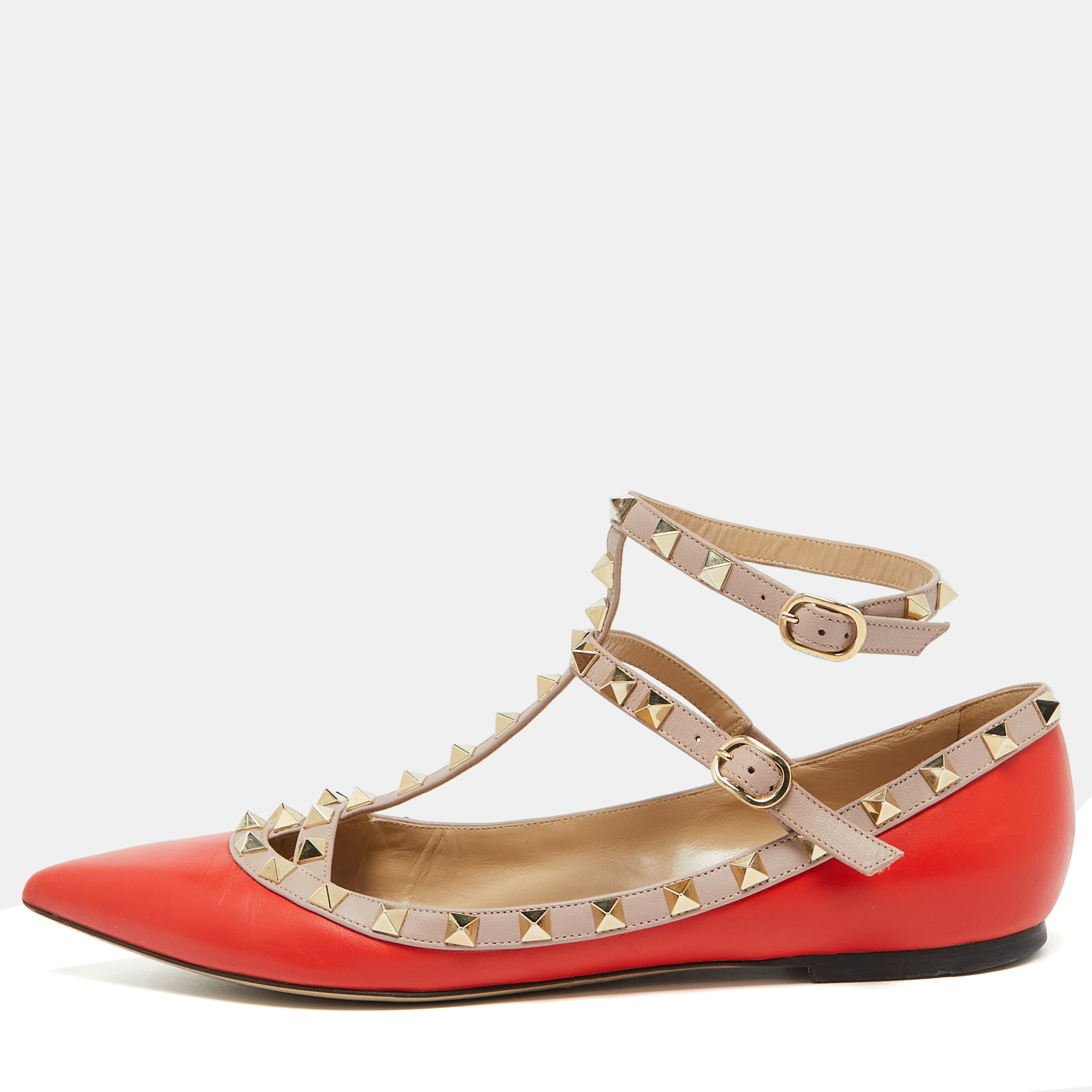 

Valentino Orange/Beige Leather Rockstud Ankle Strap Ballet Flats Size