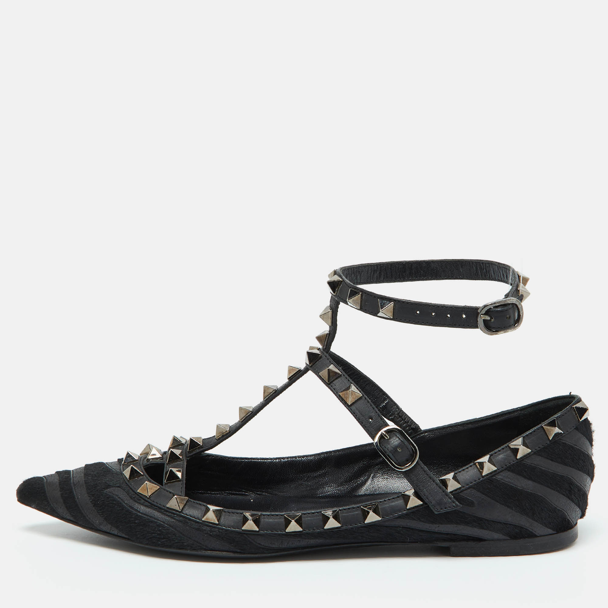 

Valentino Black Calf Hair and Leather Rockstud Ankle Strap Ballet Flats Size