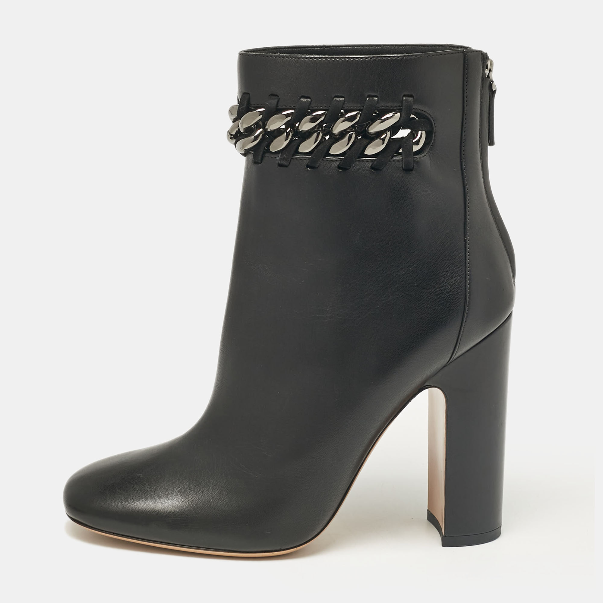 Pre-owned Valentino Garavani Black Leather Chain Link Embellished Block Heel Ankle Boots Size 41