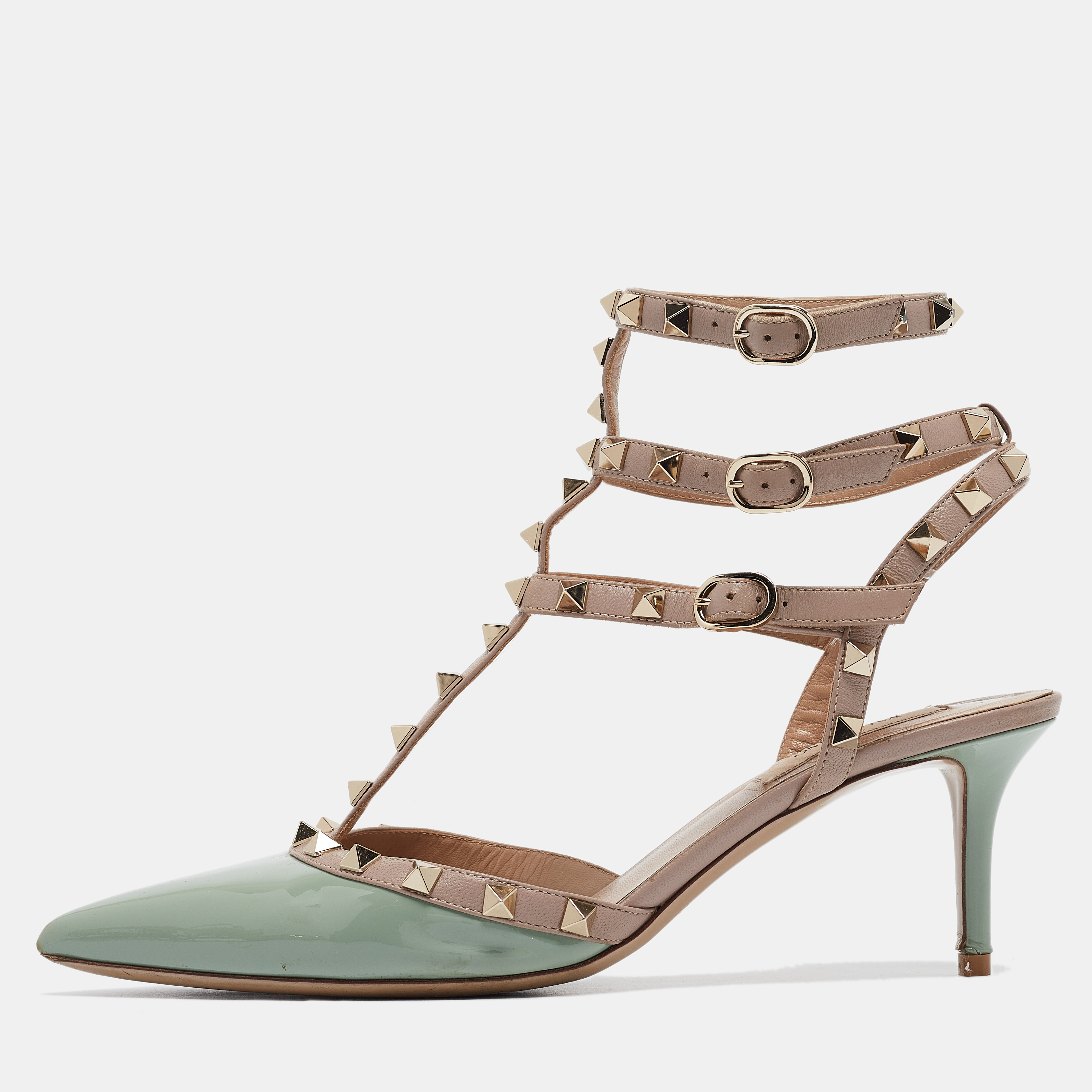 

Valentino Mint Green/Dusty Pink Patent and Leather Rockstud Ankle Strap Pumps Size