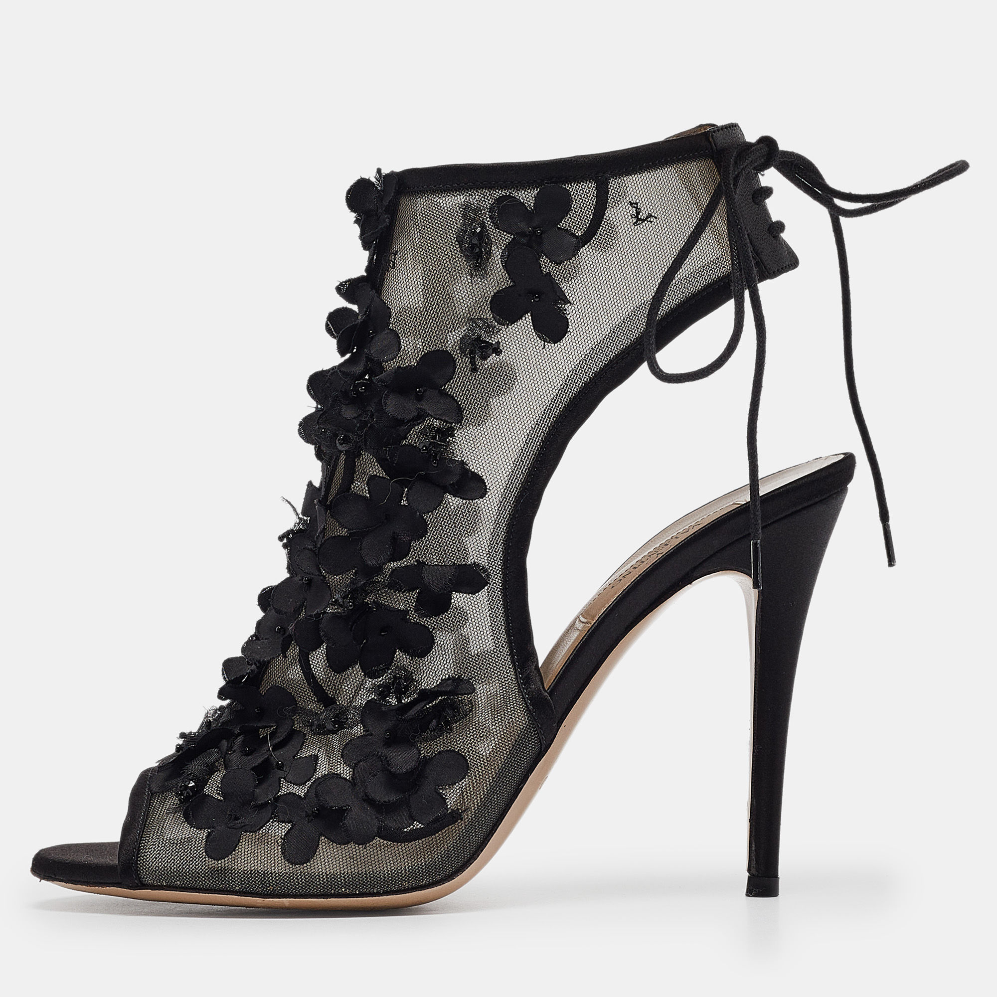 

Valentino Black Mesh Floral Applique Ankle Tie Sandals Size