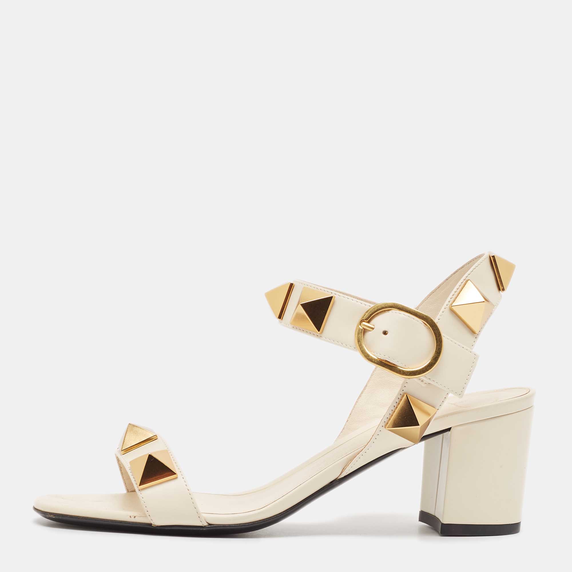 

Valentino Cream Leather Roman Stud Ankle Strap Sandals Size