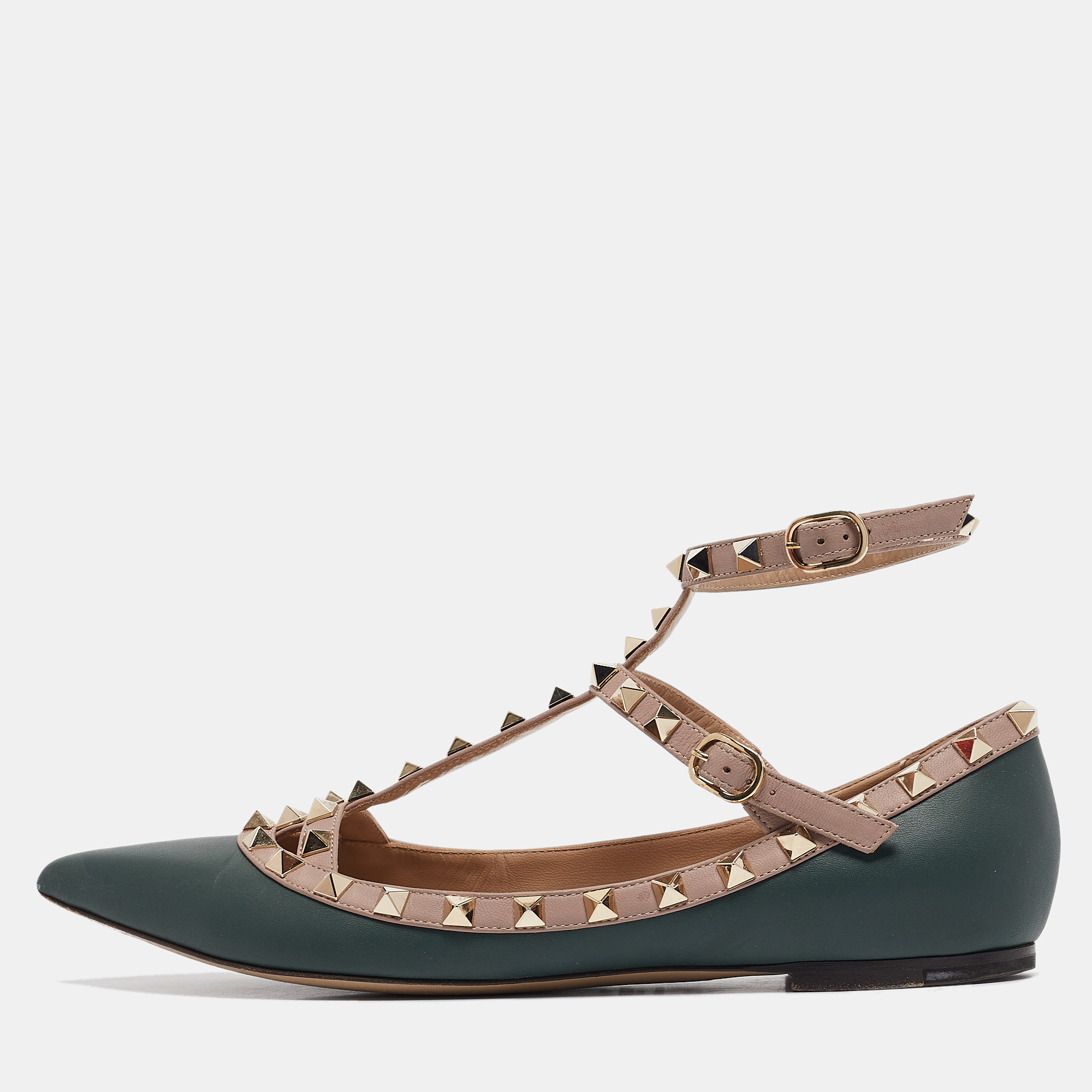 

Valentino Green/Pink Leather Rockstud Caged Ballet Flats Size