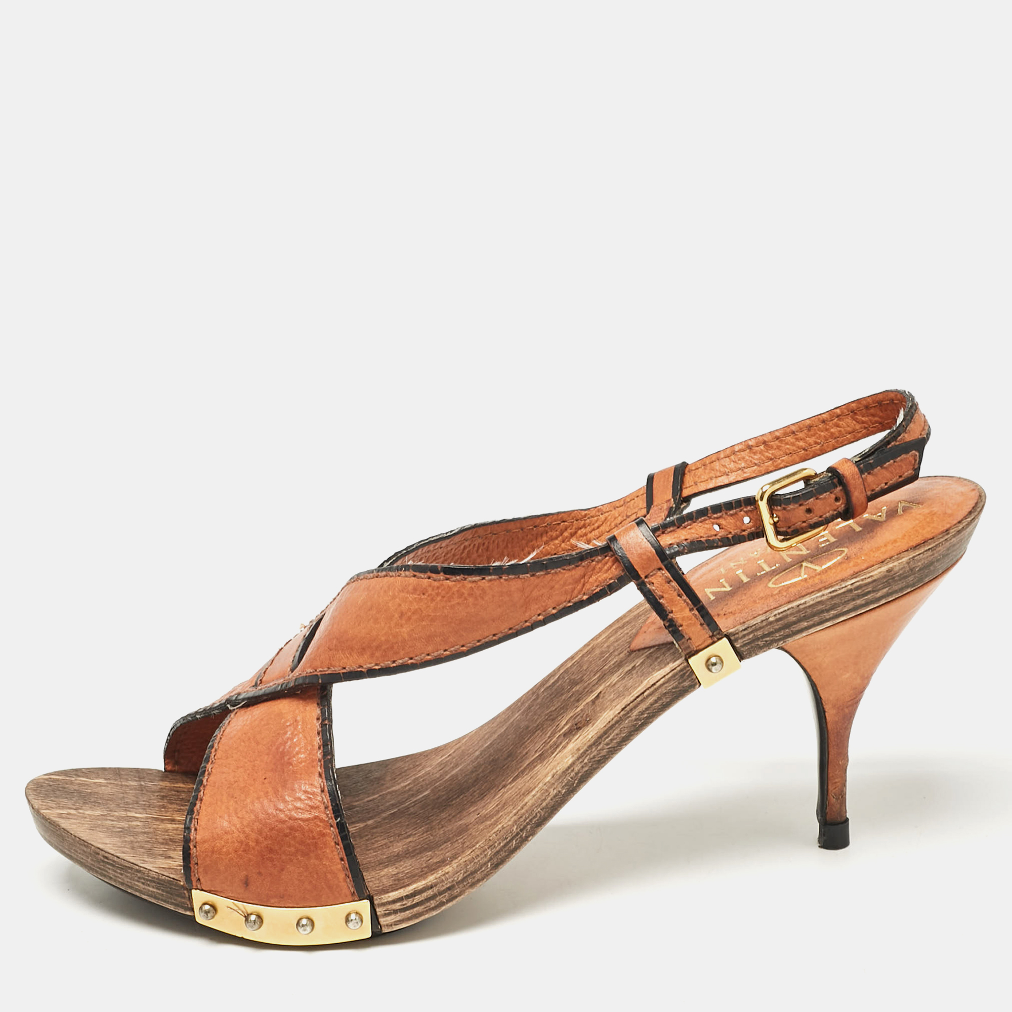 

Valentino Brown Leather Ankle Strap Sandals Size