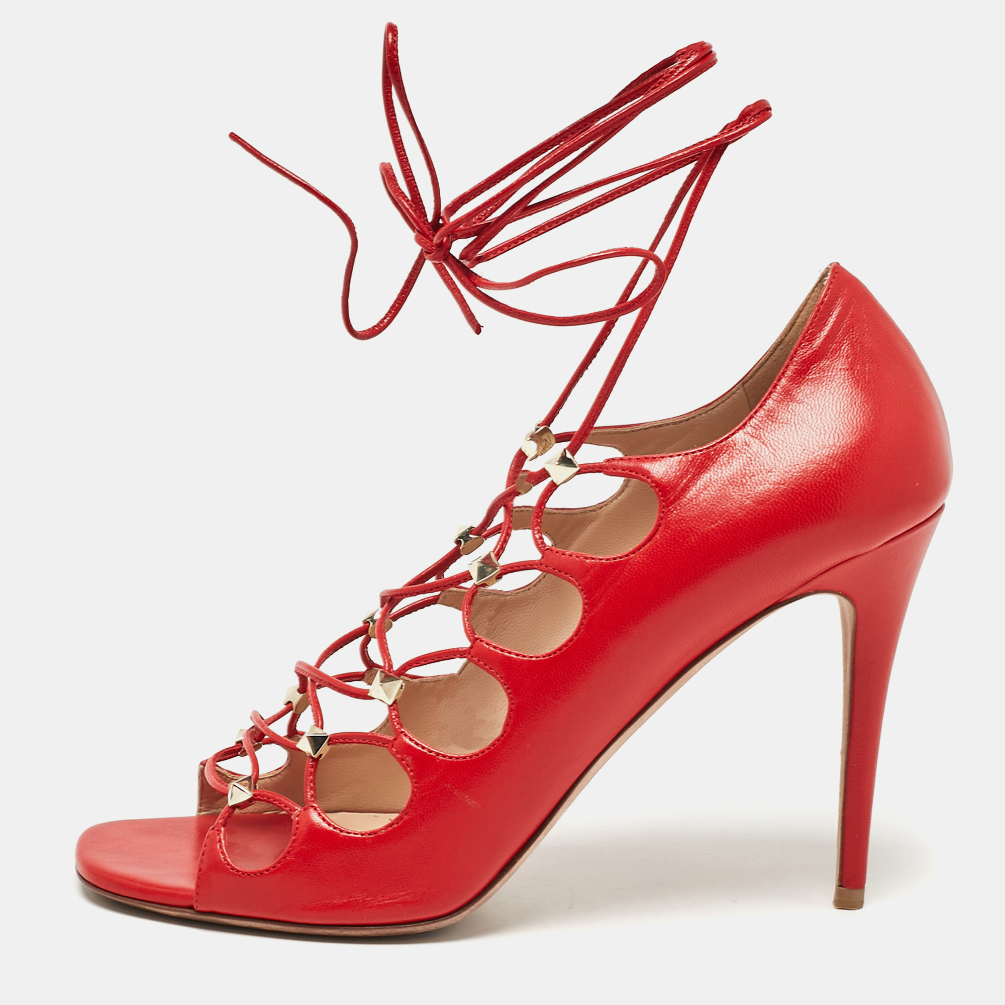 

Valentino Red Leather Rockstud Ankle Tie Sandals Size