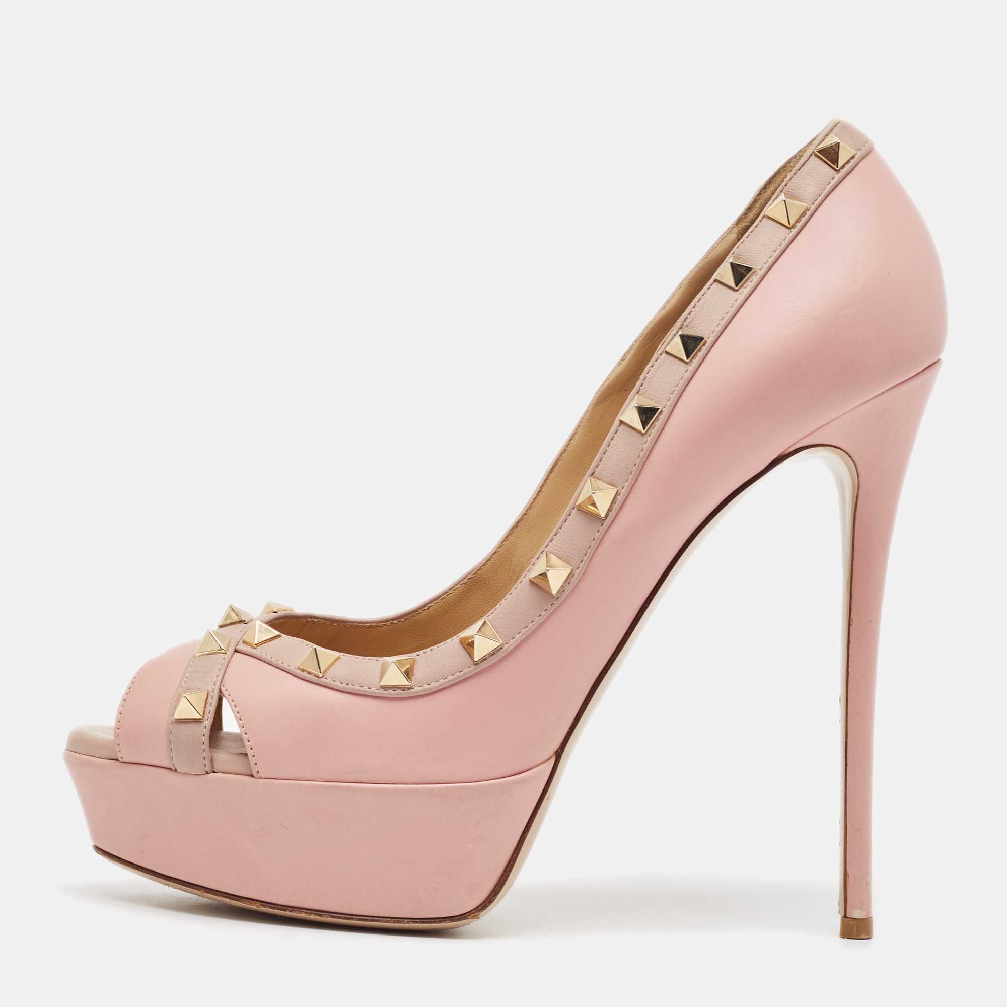 

Valentino Beige/Pink Leather Rockstud Peep Toe Pumps Size