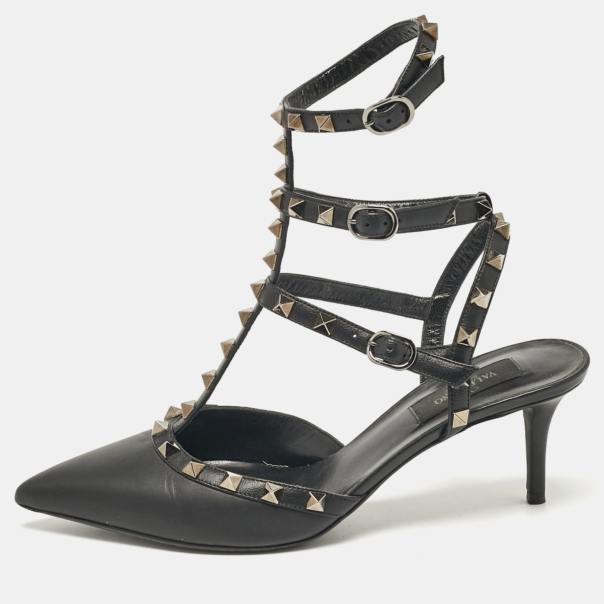 

Valentino Black Leather Rockstud Ankle Strap Pumps Size