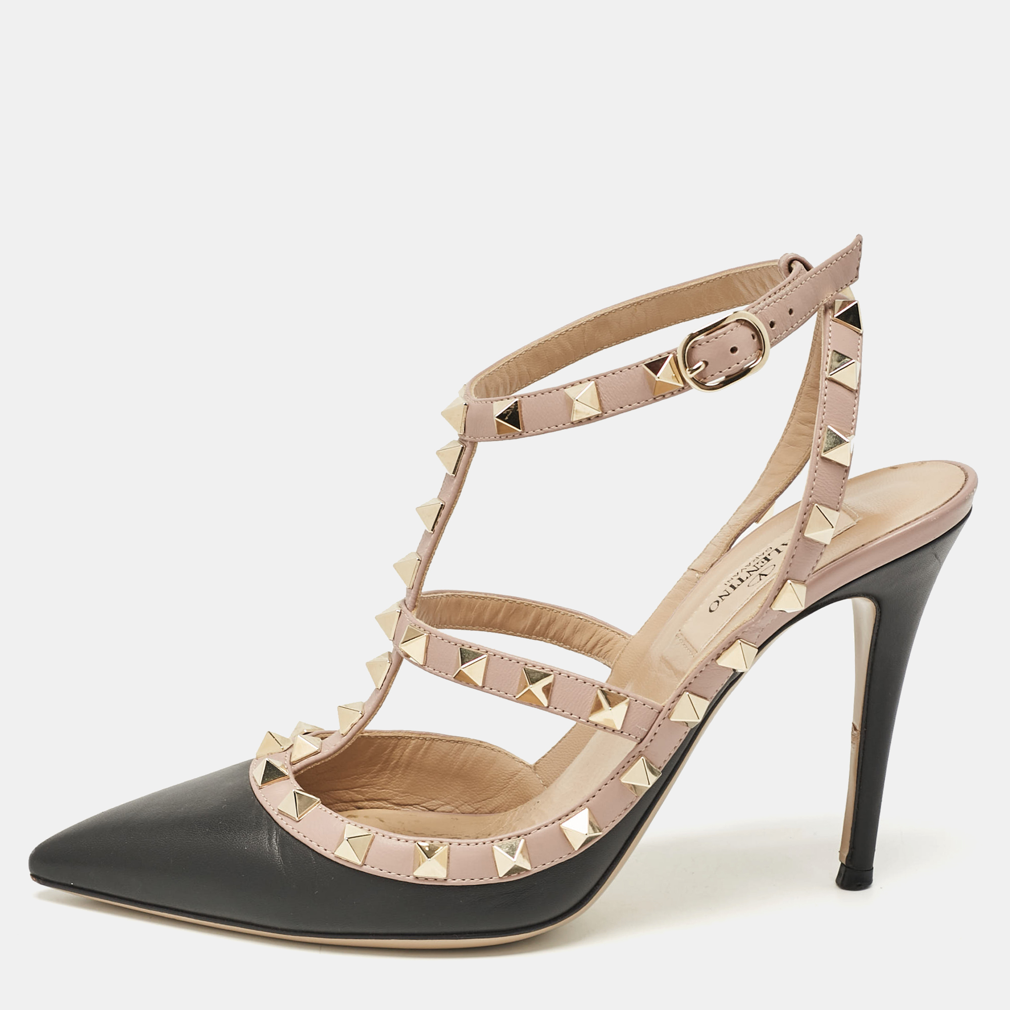 

Valentino Black/Dusty Pink Leather Rockstud Ankle Strap Pumps Size