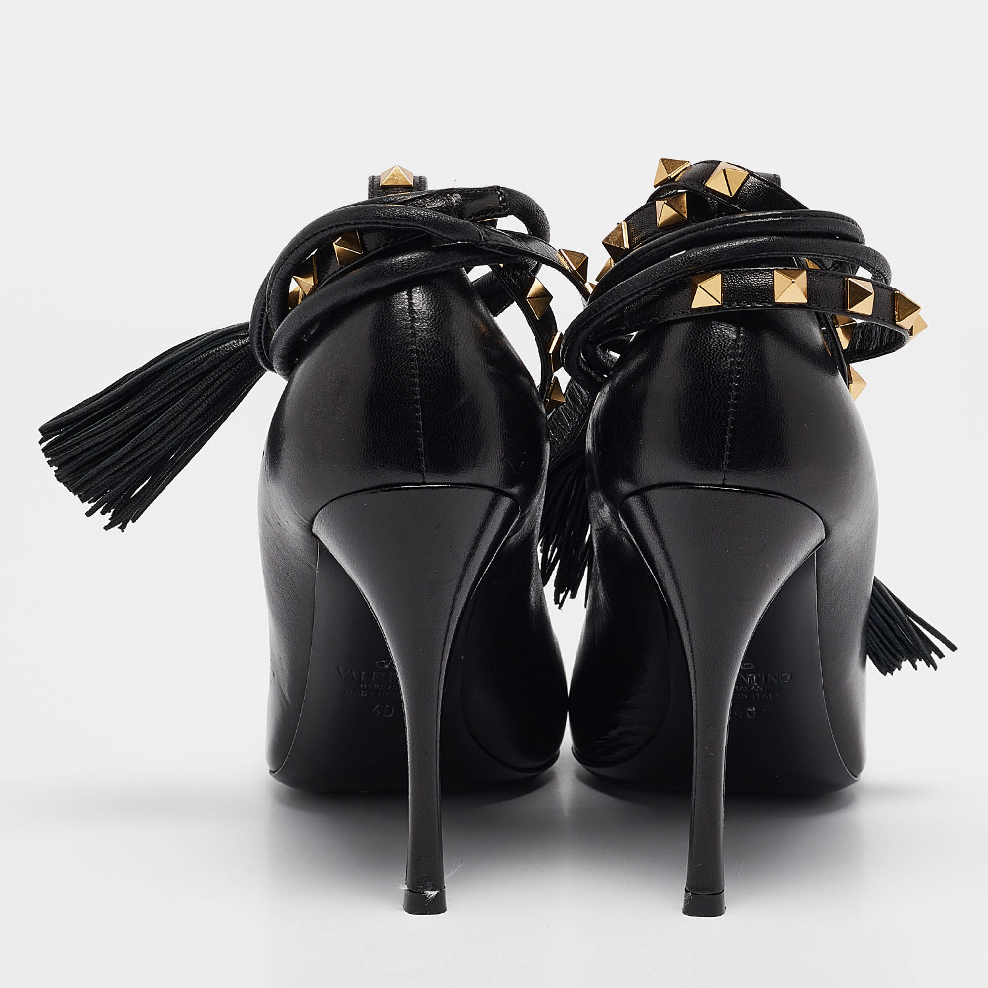 Valentino Black Leather Rockstud Ankle Wrap Pumps Size 40 