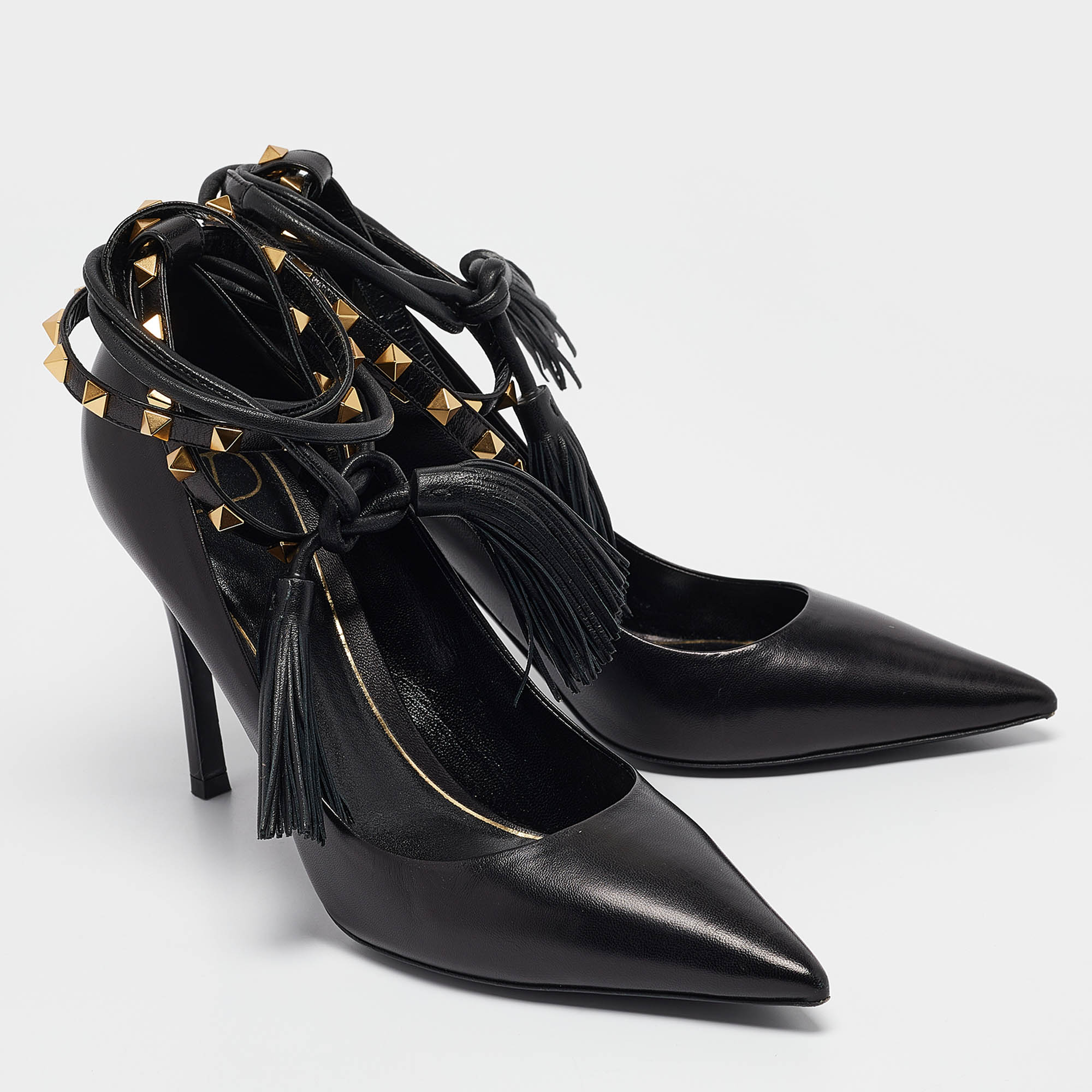 Valentino Black Leather Rockstud Ankle Wrap Pumps Size 40 