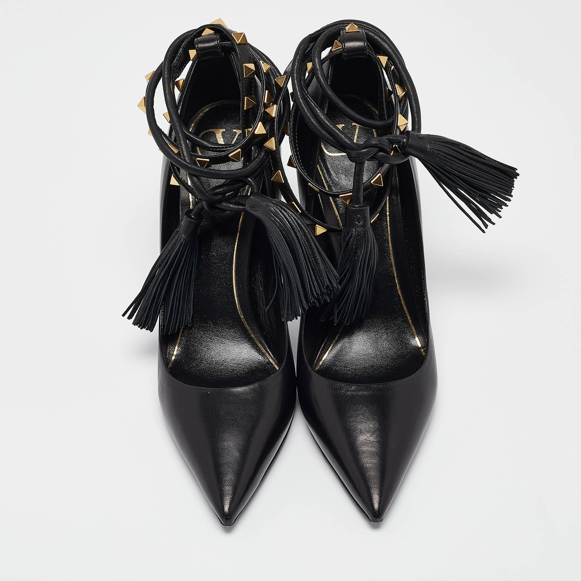 Valentino Black Leather Rockstud Ankle Wrap Pumps Size 40 