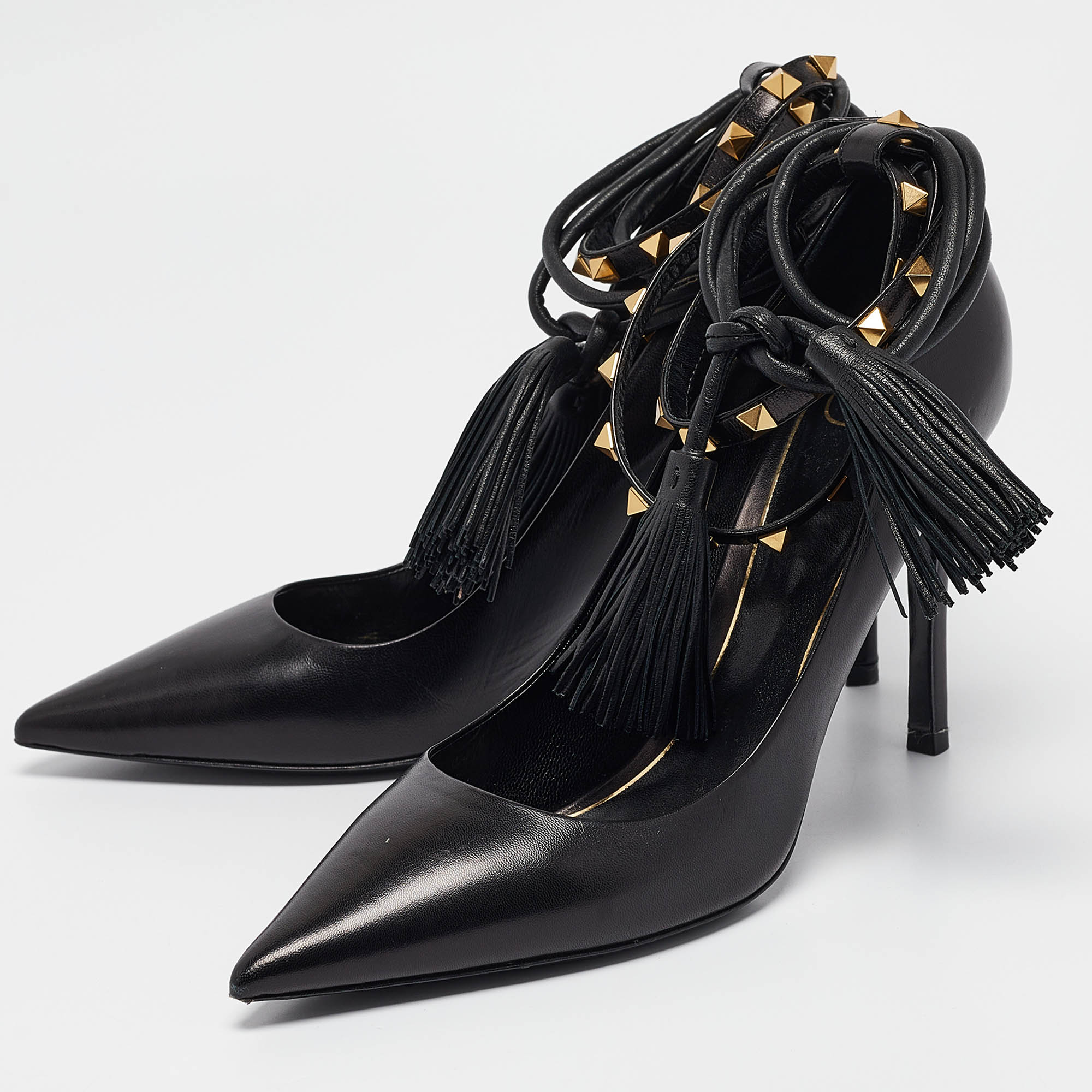 Valentino Black Leather Rockstud Ankle Wrap Pumps Size 40 