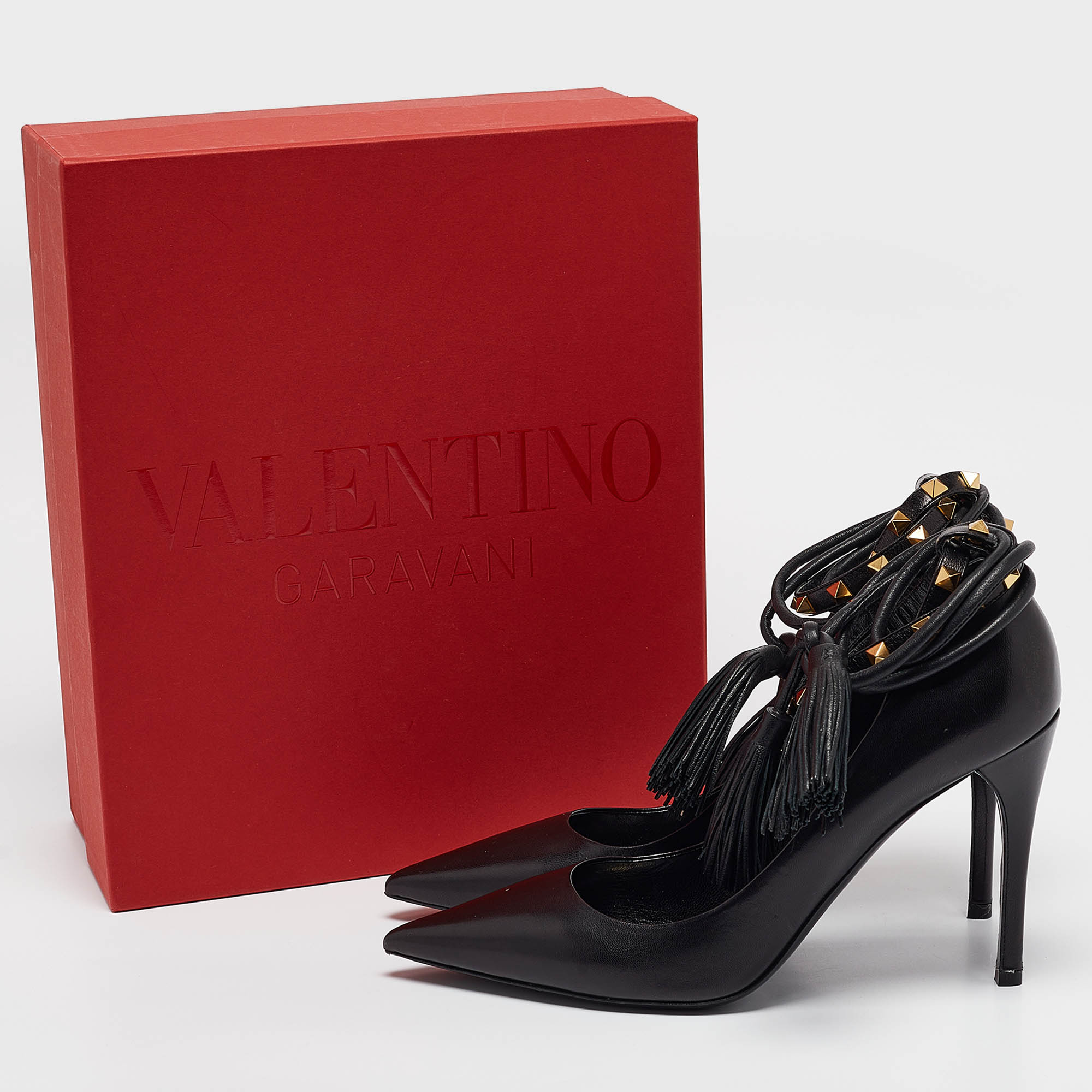 Valentino Black Leather Rockstud Ankle Wrap Pumps Size 40 