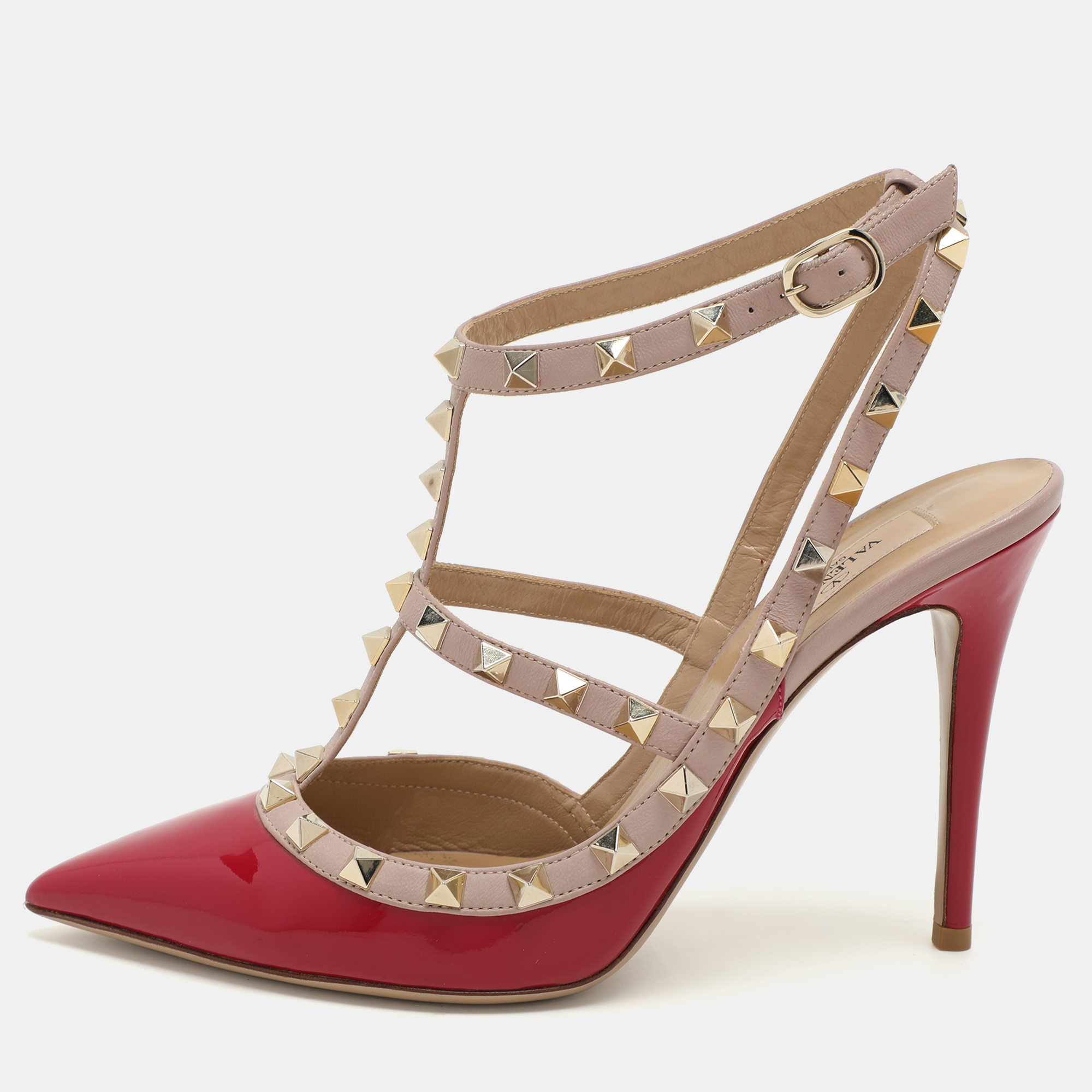 

Valentino Pink/Beige Patent and Leather Rockstud Ankle Strap Pumps Size