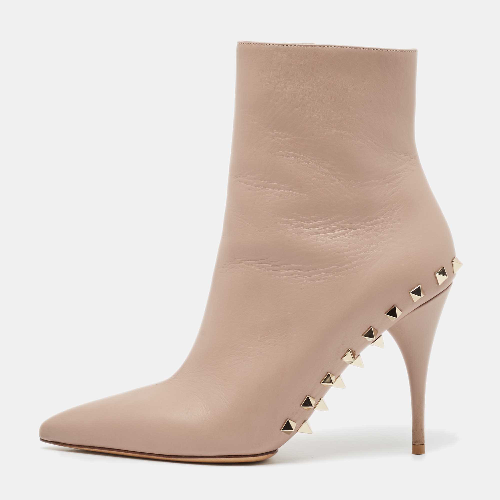 

Valentino Beige Leather Rockstud Ankle Length Boots Size