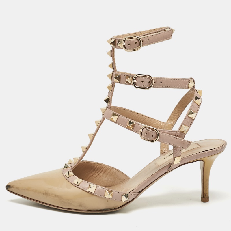 

Valentino Beige Patent Leather Rockstud Ankle Strap Pumps Size