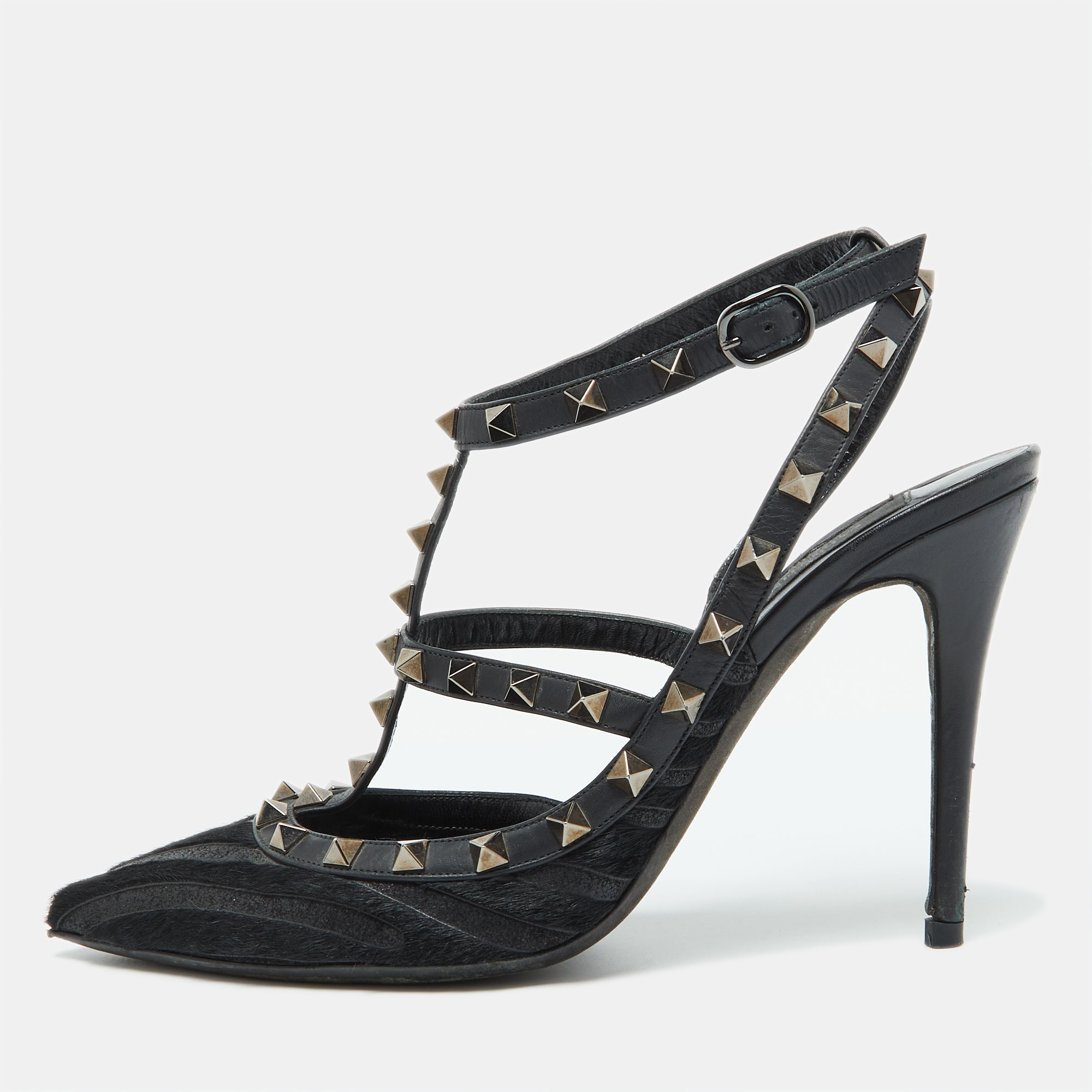 

Valentino Black Leather and Calf Hair Rockstud Ankle Strap Pumps Size