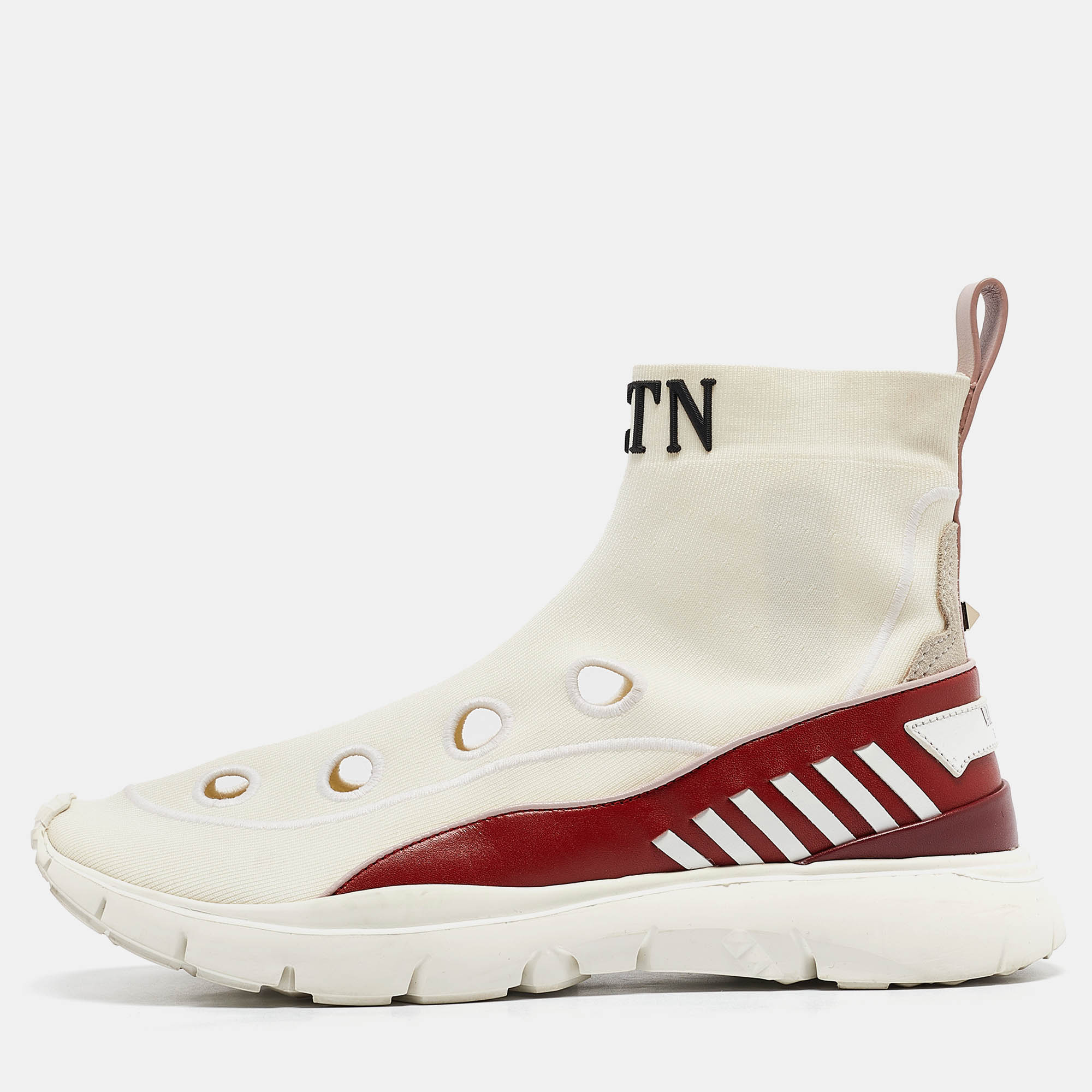 

Valentino White/Red Cut Out Knit Fabric Rockstud High Top Sneakers Size