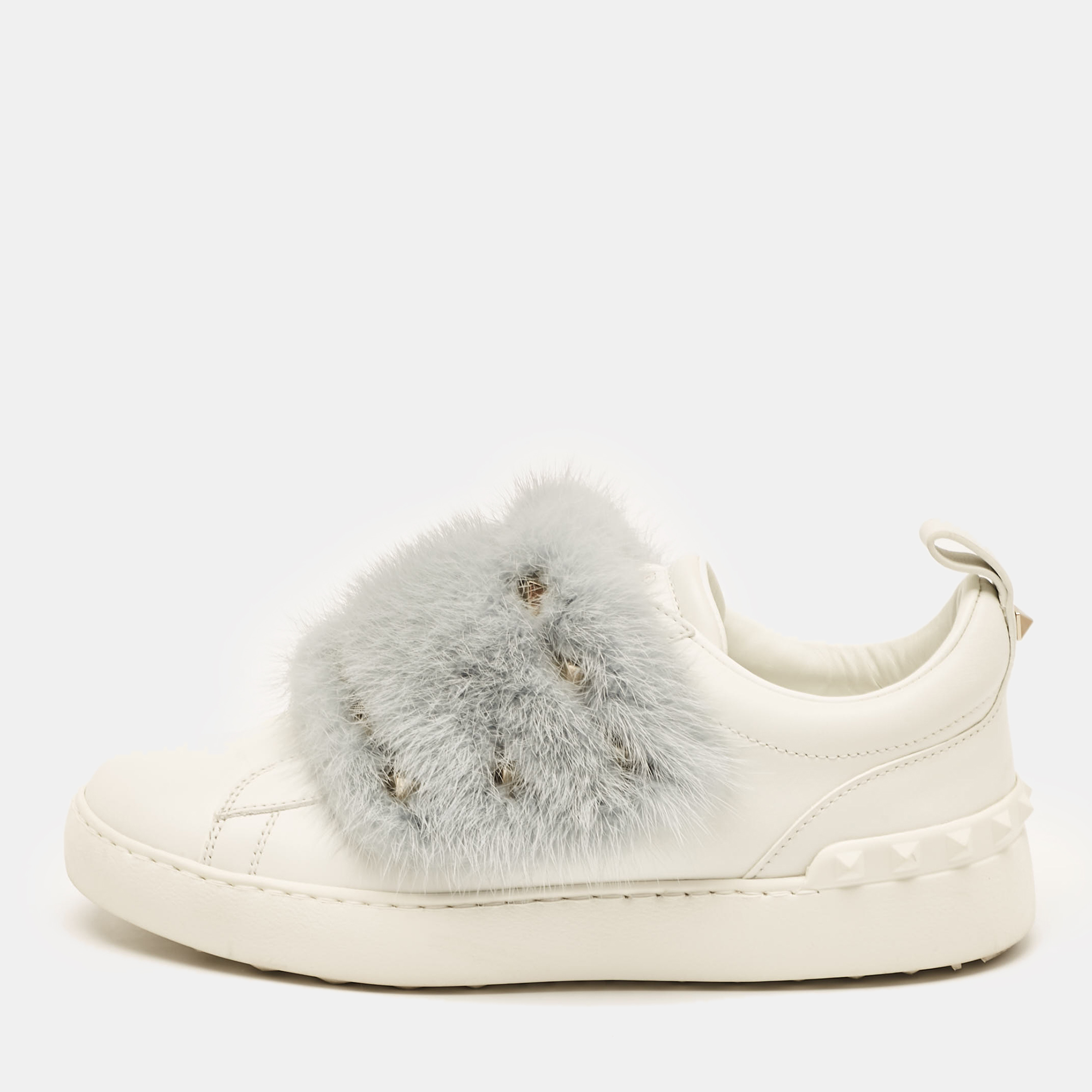 

Valentino White Leather and Mink Fur Rockstud Low Top Sneakers Size