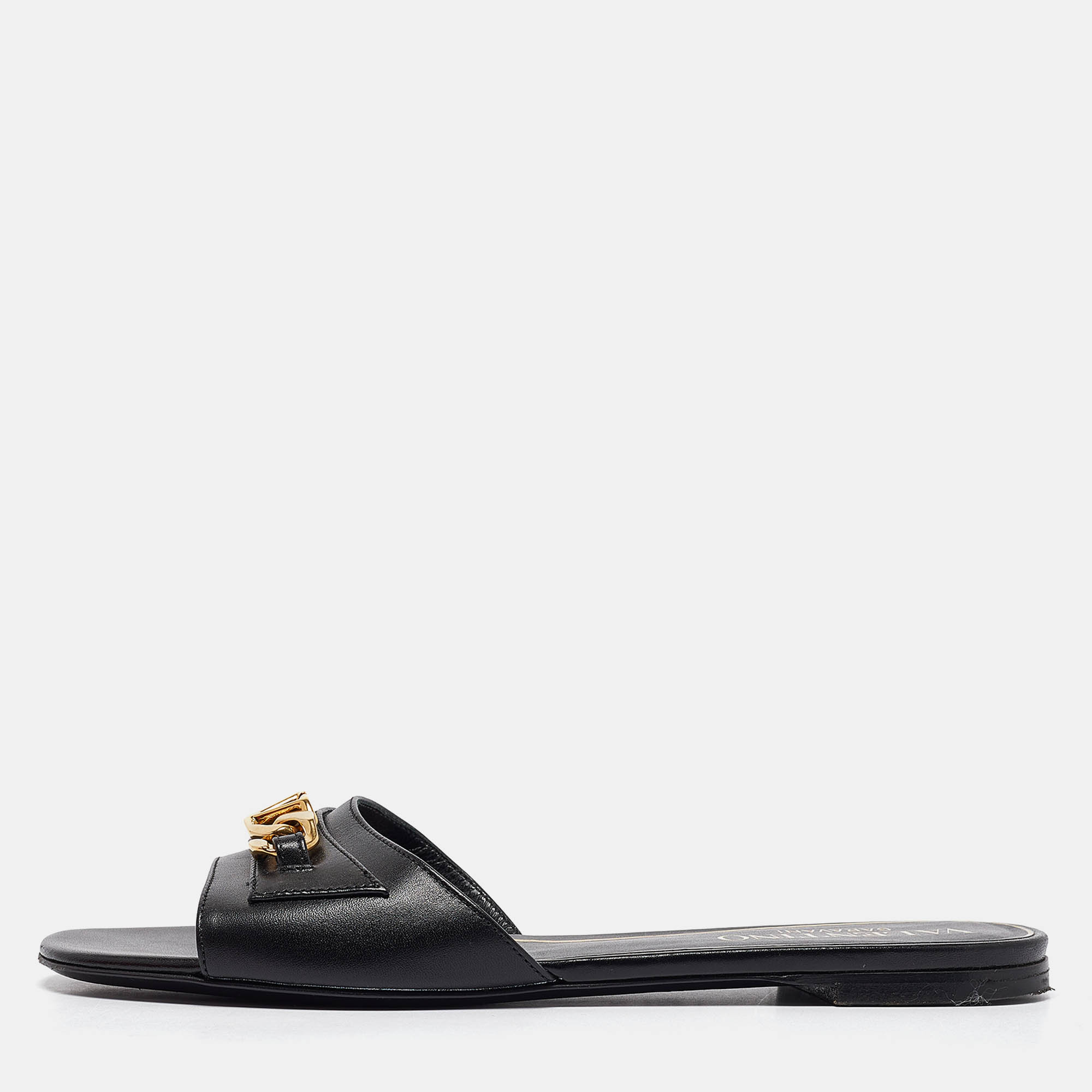 

Valentino Black Leather VLogo Chain Flat Slides Size