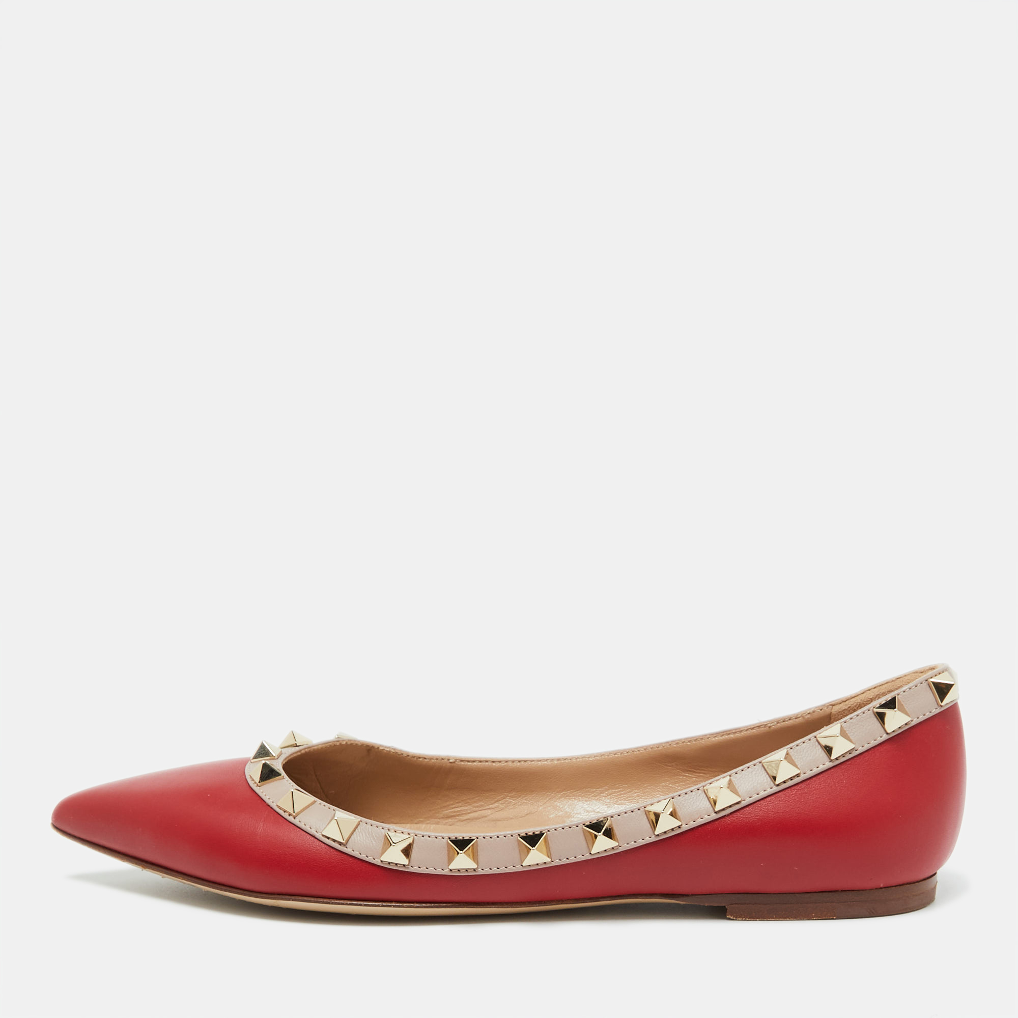 

Valentino Red/Beige Leather Rockstud Ballet Flats Size