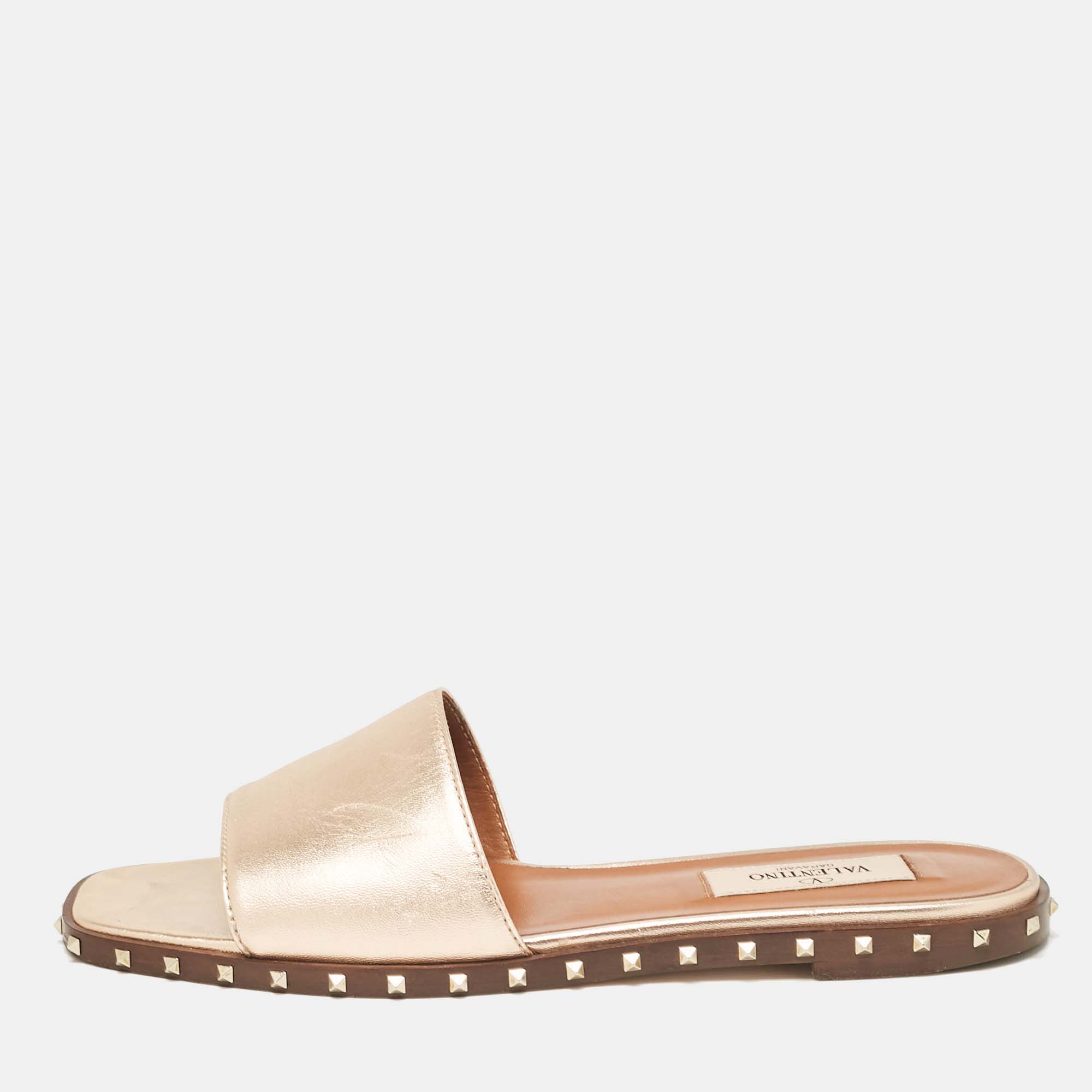 

Valentino Metallic Leather Soul Rockstud Flat Slides Size