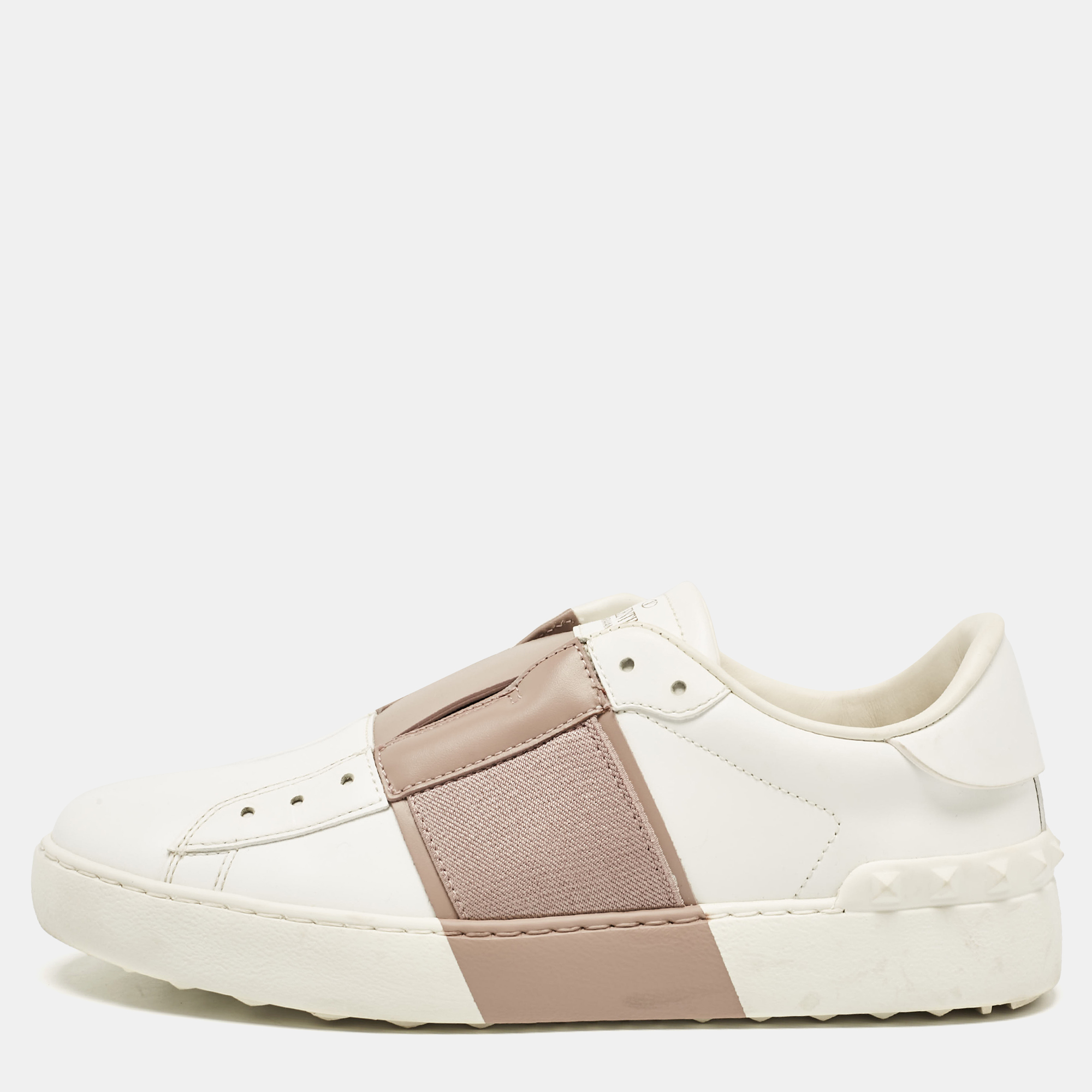 

Valentino White/Beige Leather Rockstud Slip On Sneakers Size