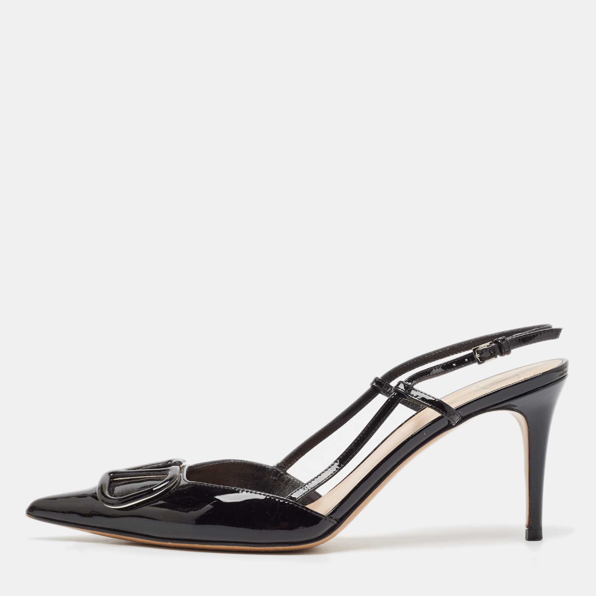 

Valentino Black Patent Leather Escape V logo Slingback Pumps Size