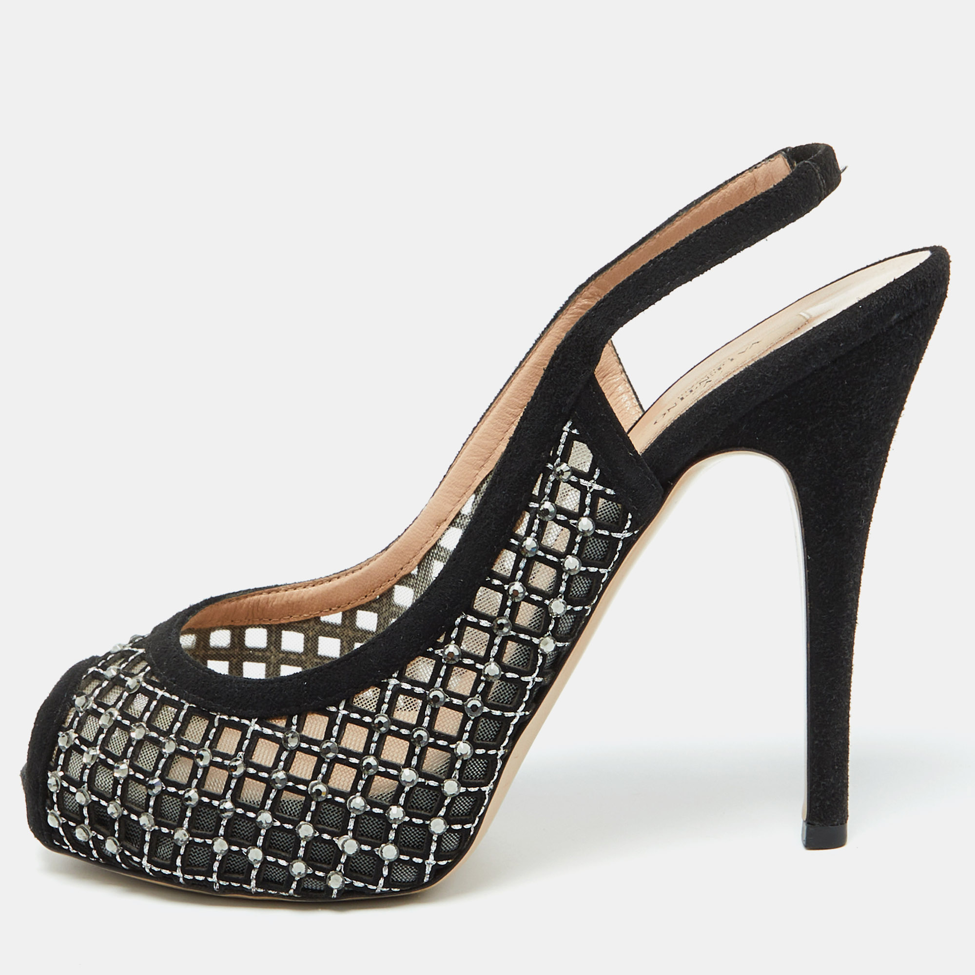 

Valentino Black Mesh and Suede Crystal Embellished Peep Toe Pumps Size