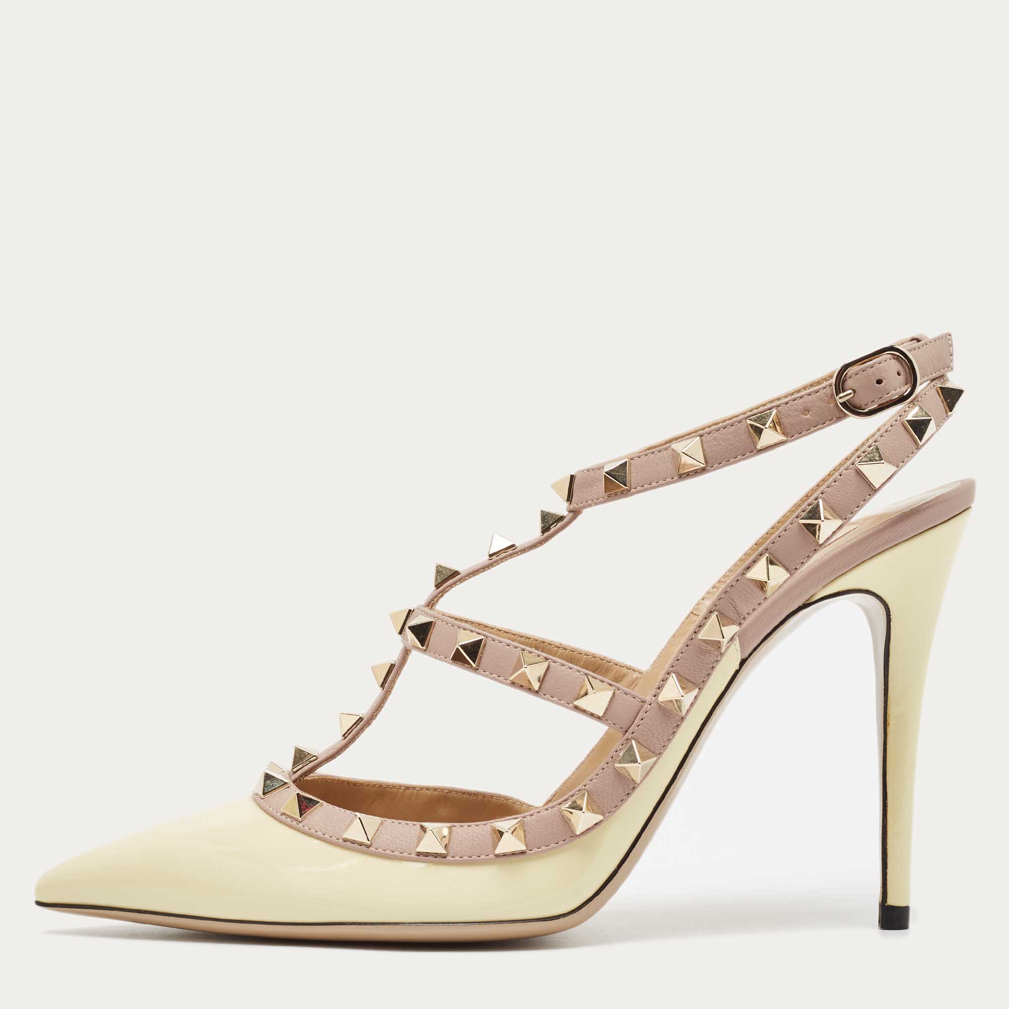 

Valentino Cream Patent Leather Rockstud Ankle Strap Pumps Size