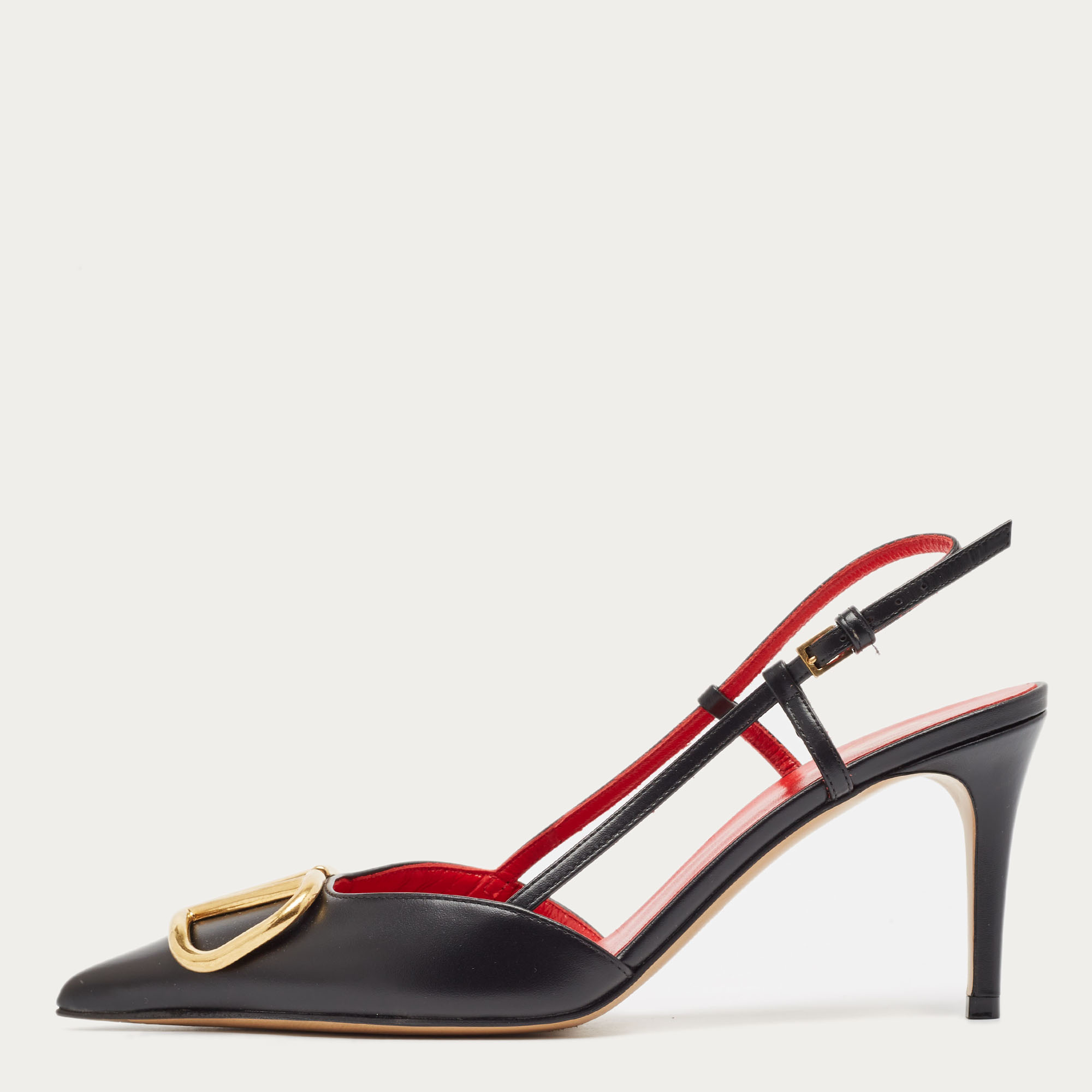 

Valentino Black Leather Escape V logo Slingback Pumps Size