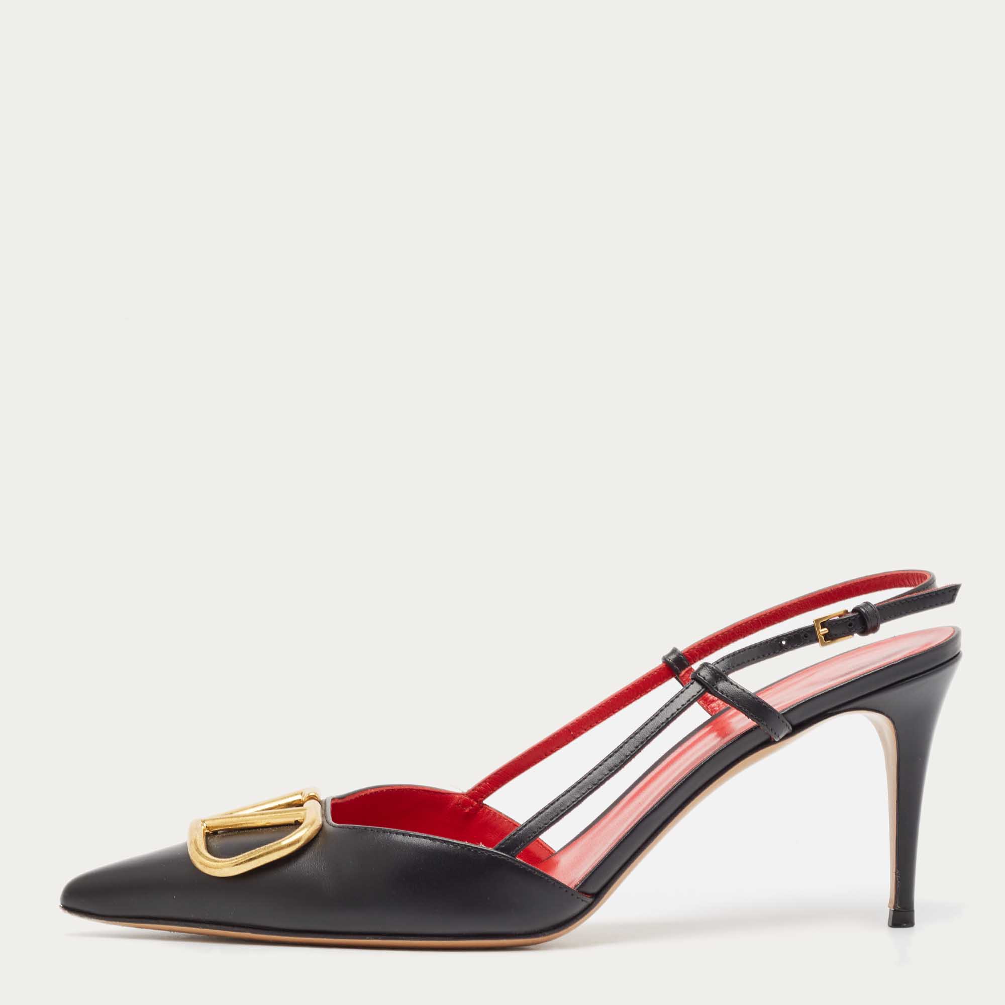 

Valentino Black Leather Escape V logo Slingback Pumps Size