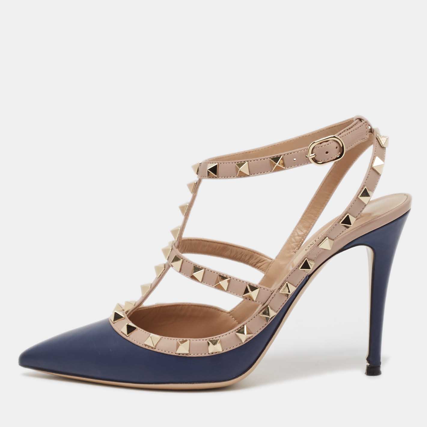 

Valentino Navy Blue/Beige Leather Rockstud Pumps Size