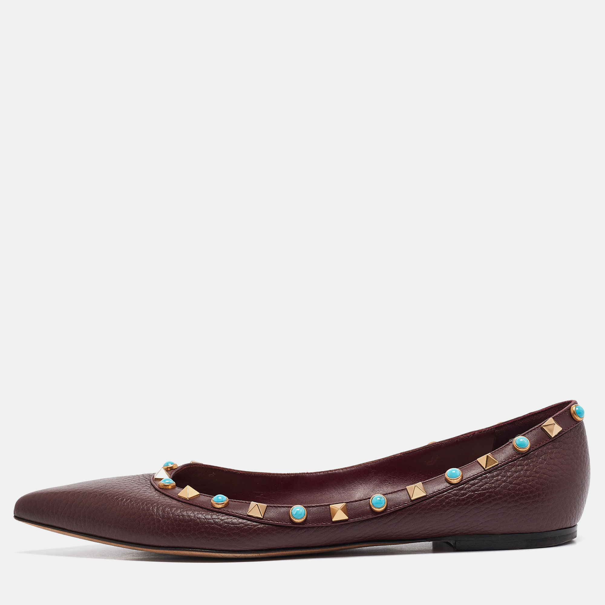 

Valentino Burgundy Leather Rockstud Pointed Toe Ballet Flats Size