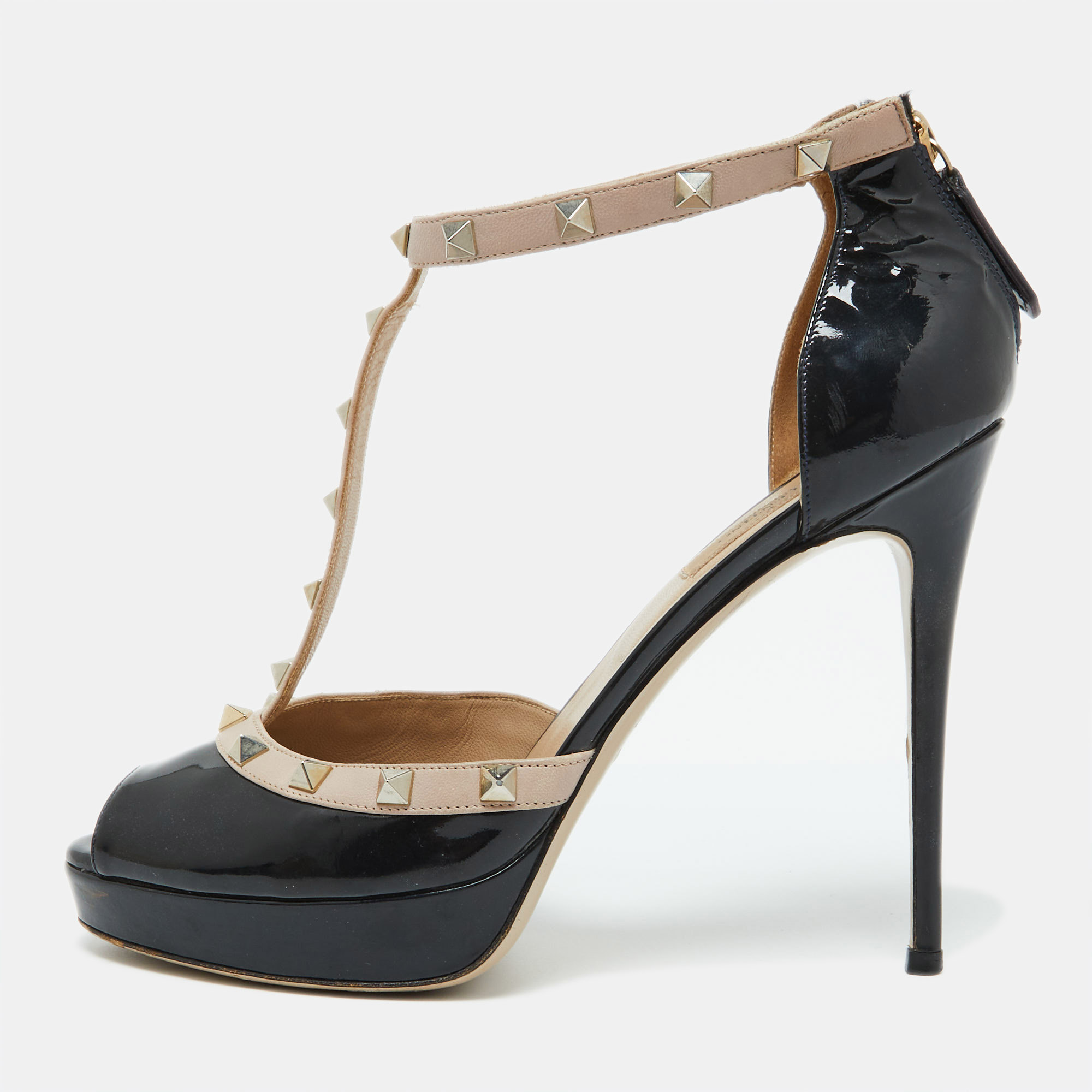 

Valentino Black/Beige Patent Leather Rockstud Platform Peep Toe Pumps Size