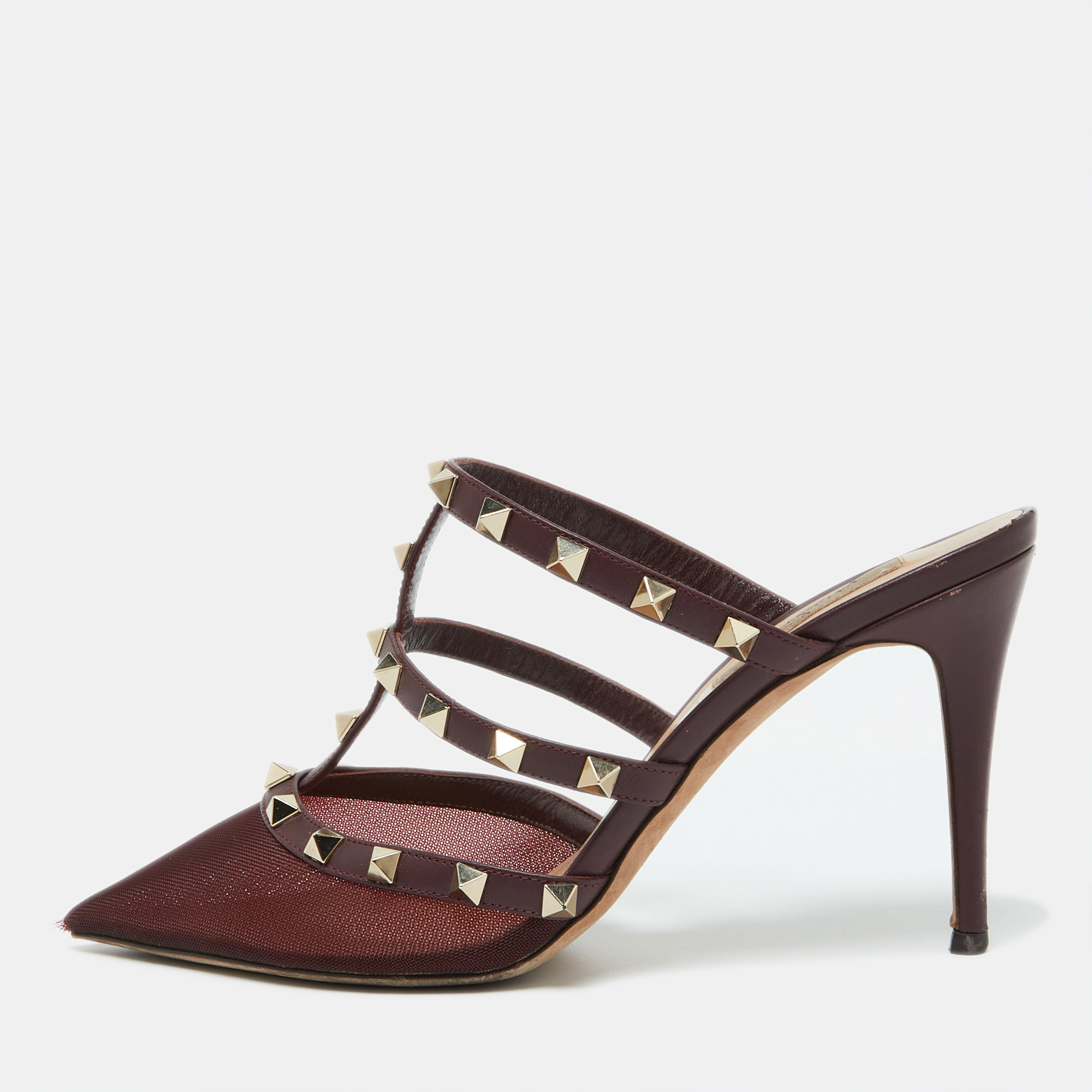 

Valentino Burgundy Mesh and Leather Rockstud Pointed Toe Mules Size