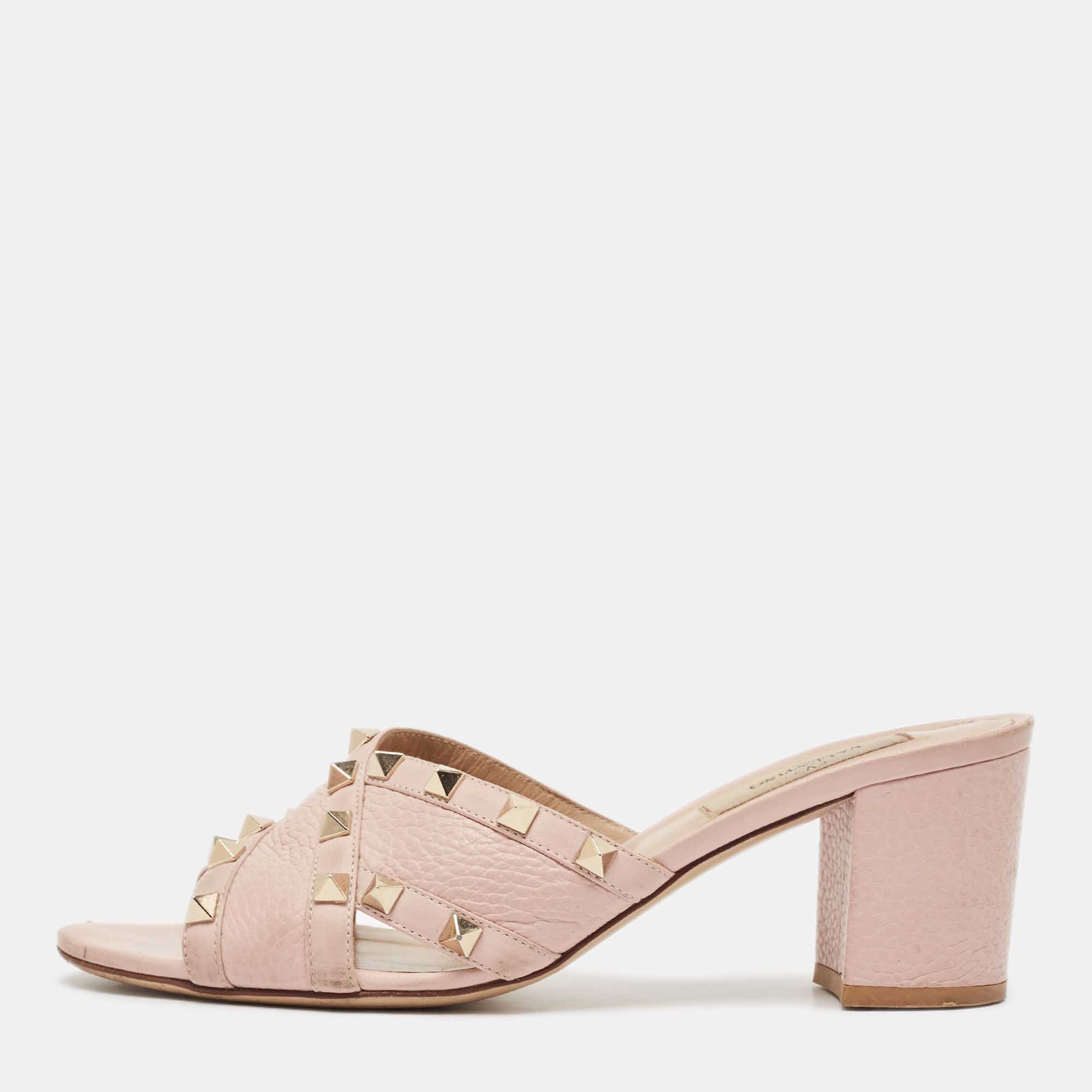 

Valentino Pink Leather Rockstud Block Heel Slide Sandals Size