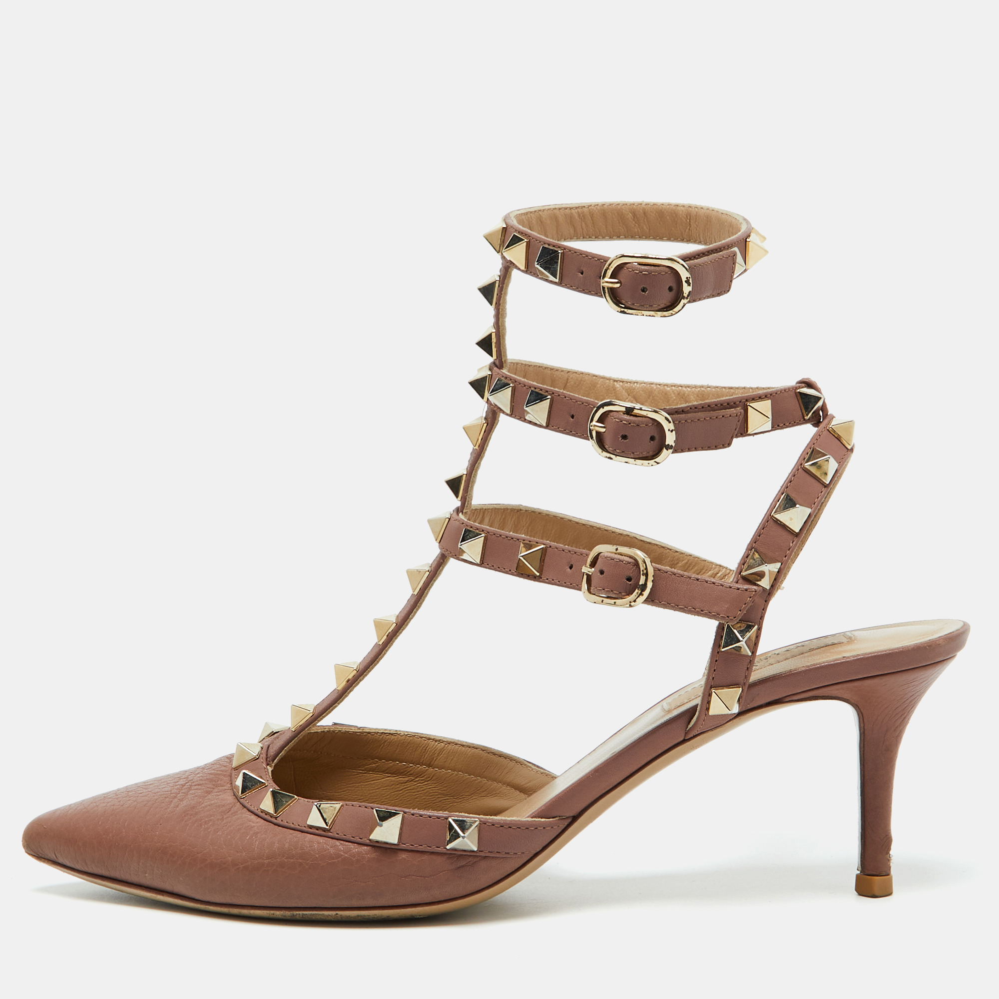 

Valentino Dusty Rose Pink Leather Rockstud Ankle Strap Pumps Size