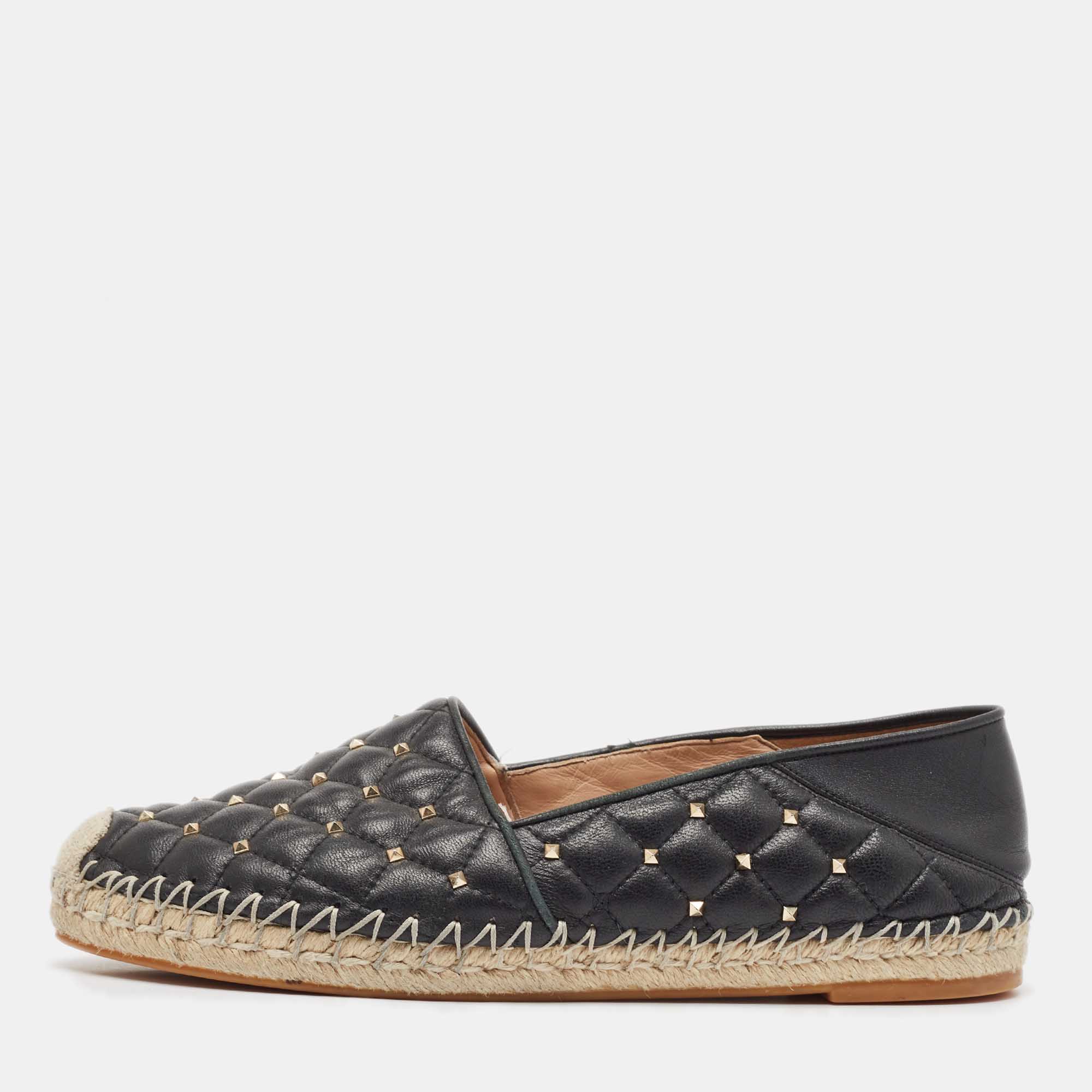 

Valentino Black Leather Rockstud Espadrille Flats Size