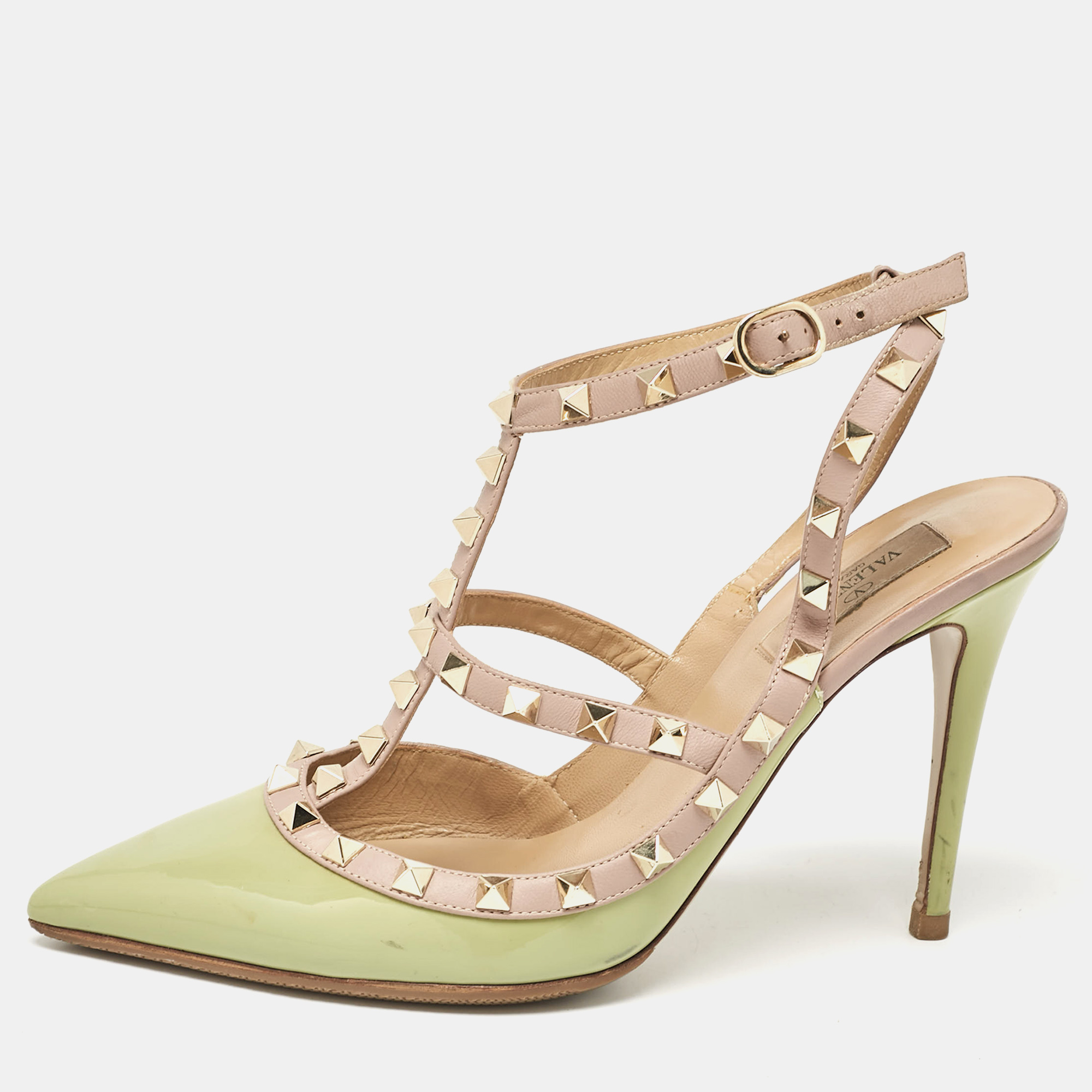 

Valentino Green/Dusty Pink Patent and Leather Rockstud Ankle Strap Pumps Size