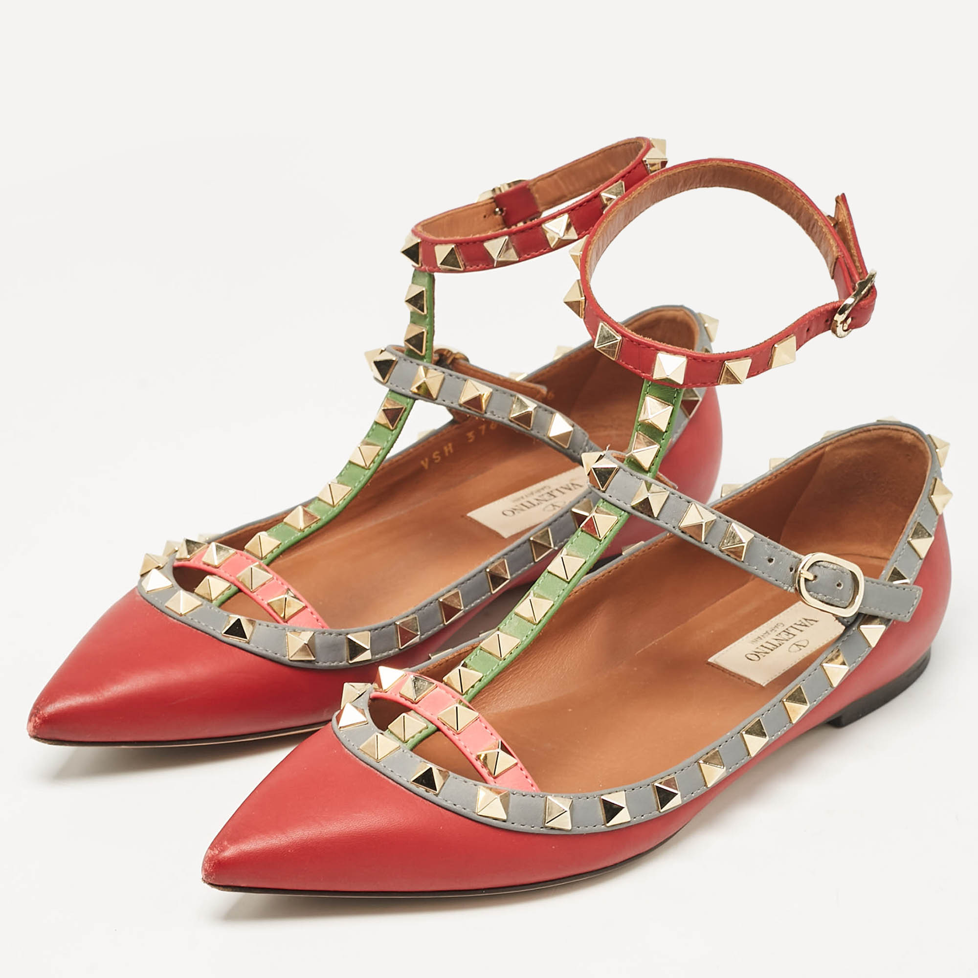 Valentino Multicolor Leather Rockstud Ankle Strap Ballet Flats Size 36 