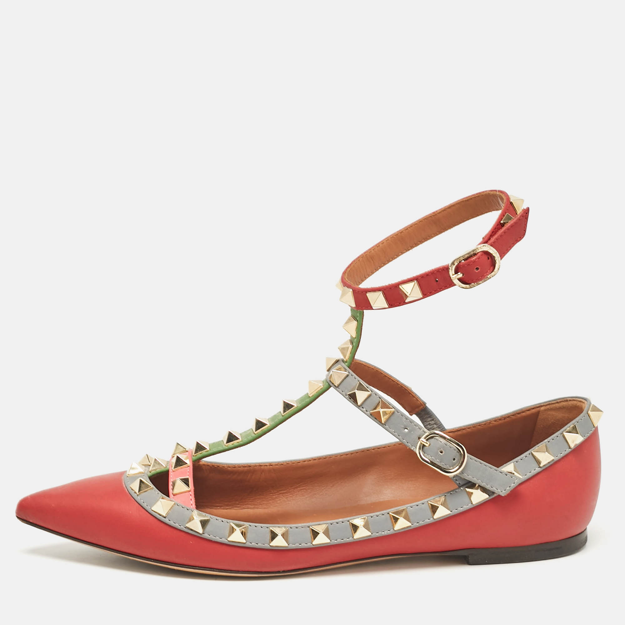 

Valentino Multicolor Leather Rockstud Ankle Strap Ballet Flats Size, Red