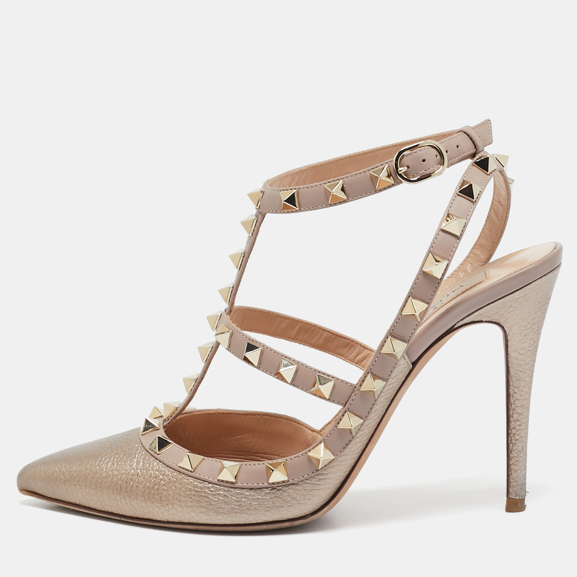 

Valentino Metallic/Beige Leather Rockstud Pumps Size