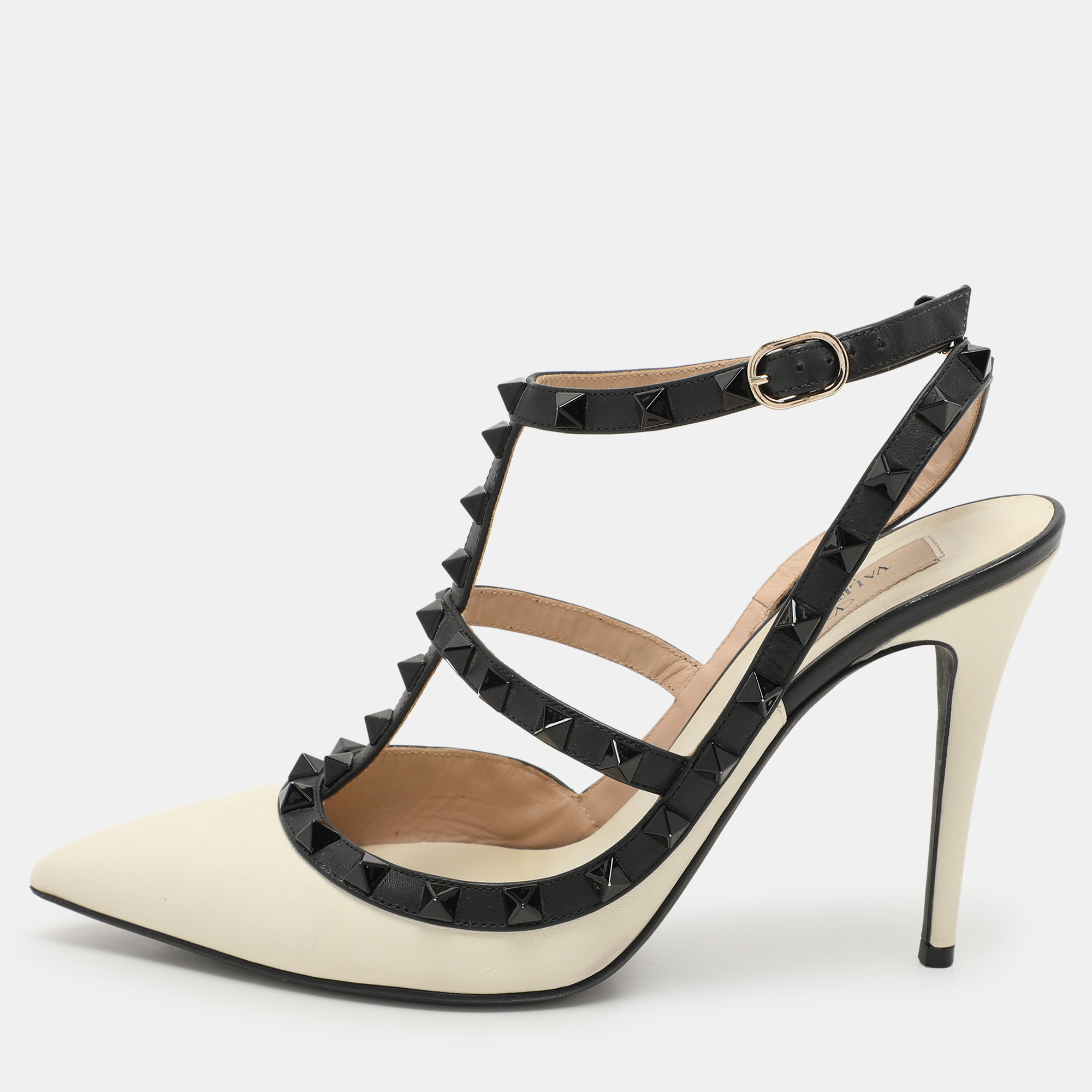 

Valentino Cream/Black Leather Rockstud Ankle Strap Pumps Size