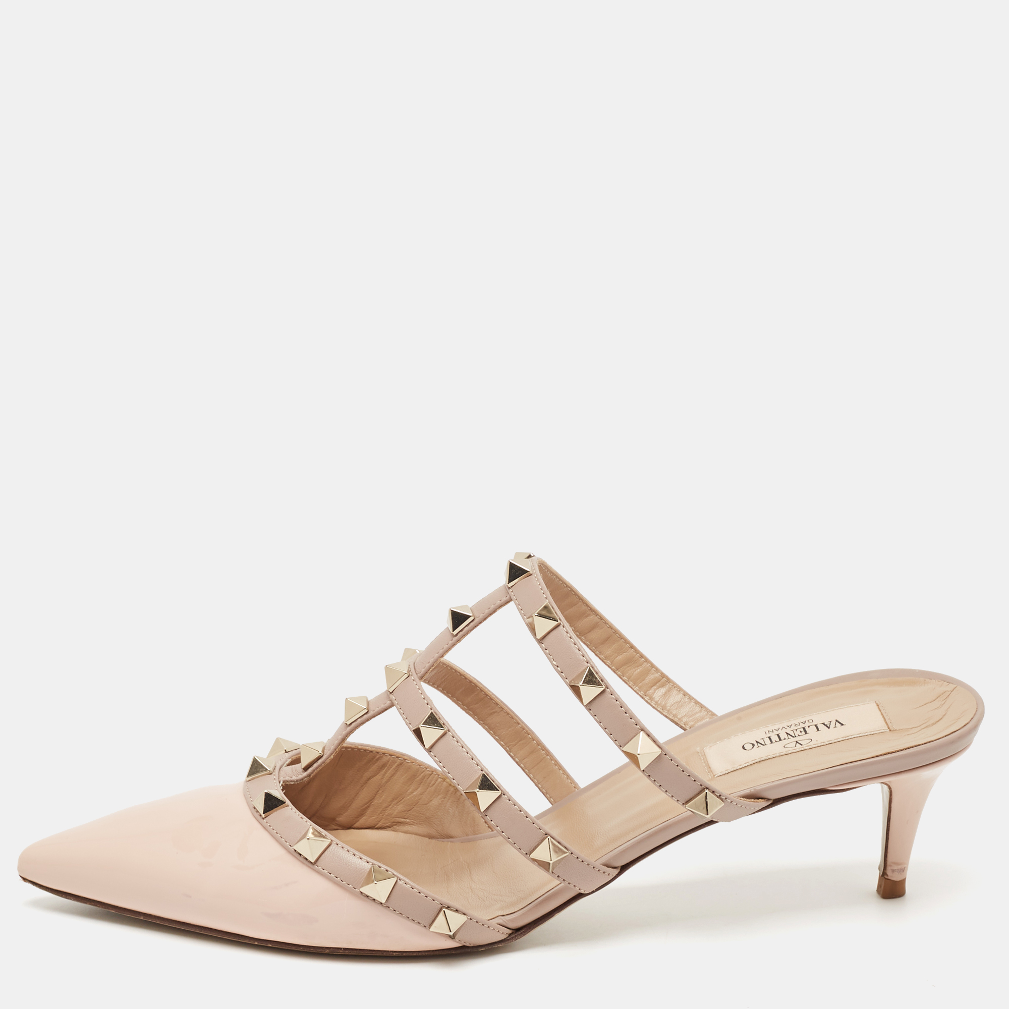 

Valentino Dusty Pink Patent and Leather Rockstud Mules Size