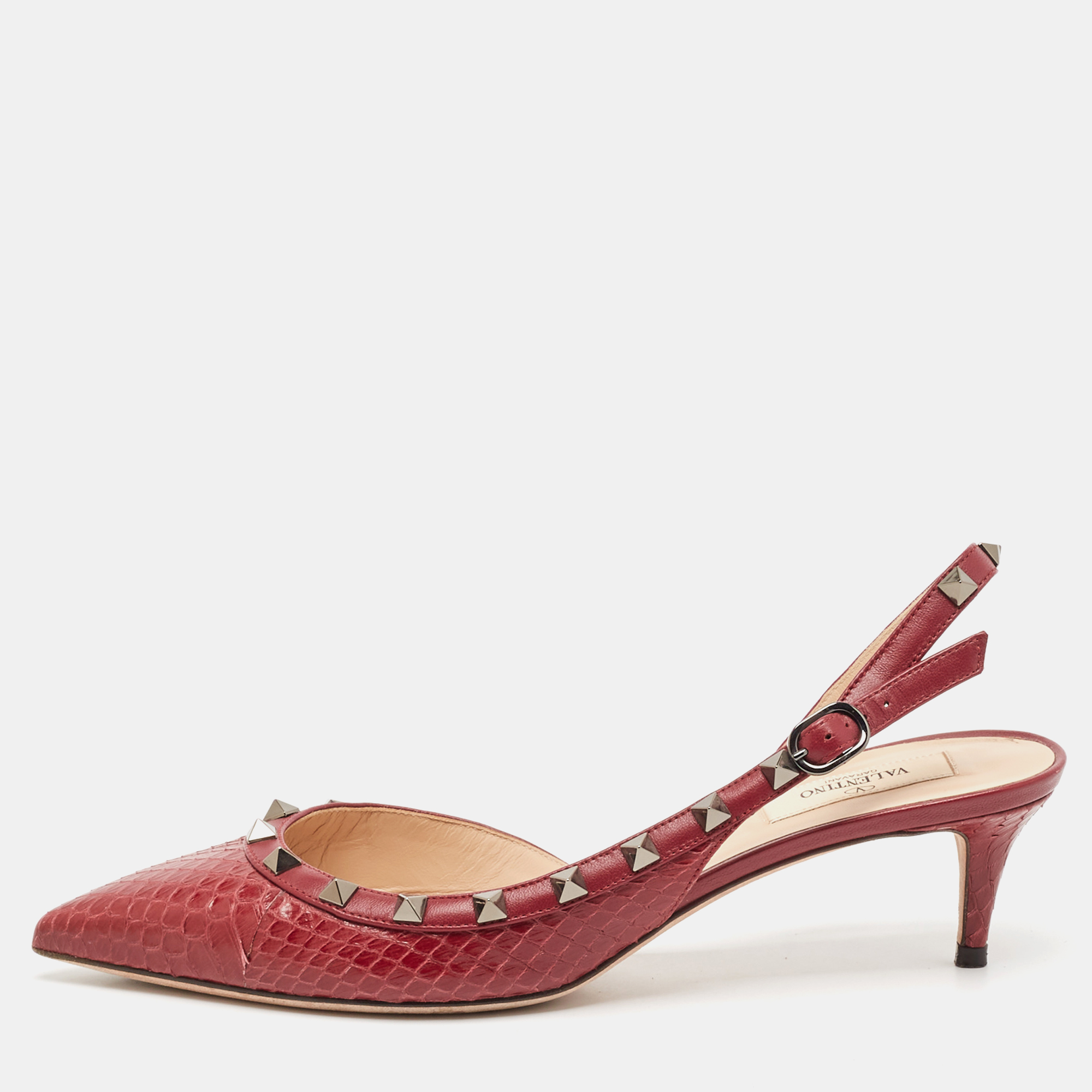 

Valentino Burgundy Python Rockstud Slingback Pumps Size