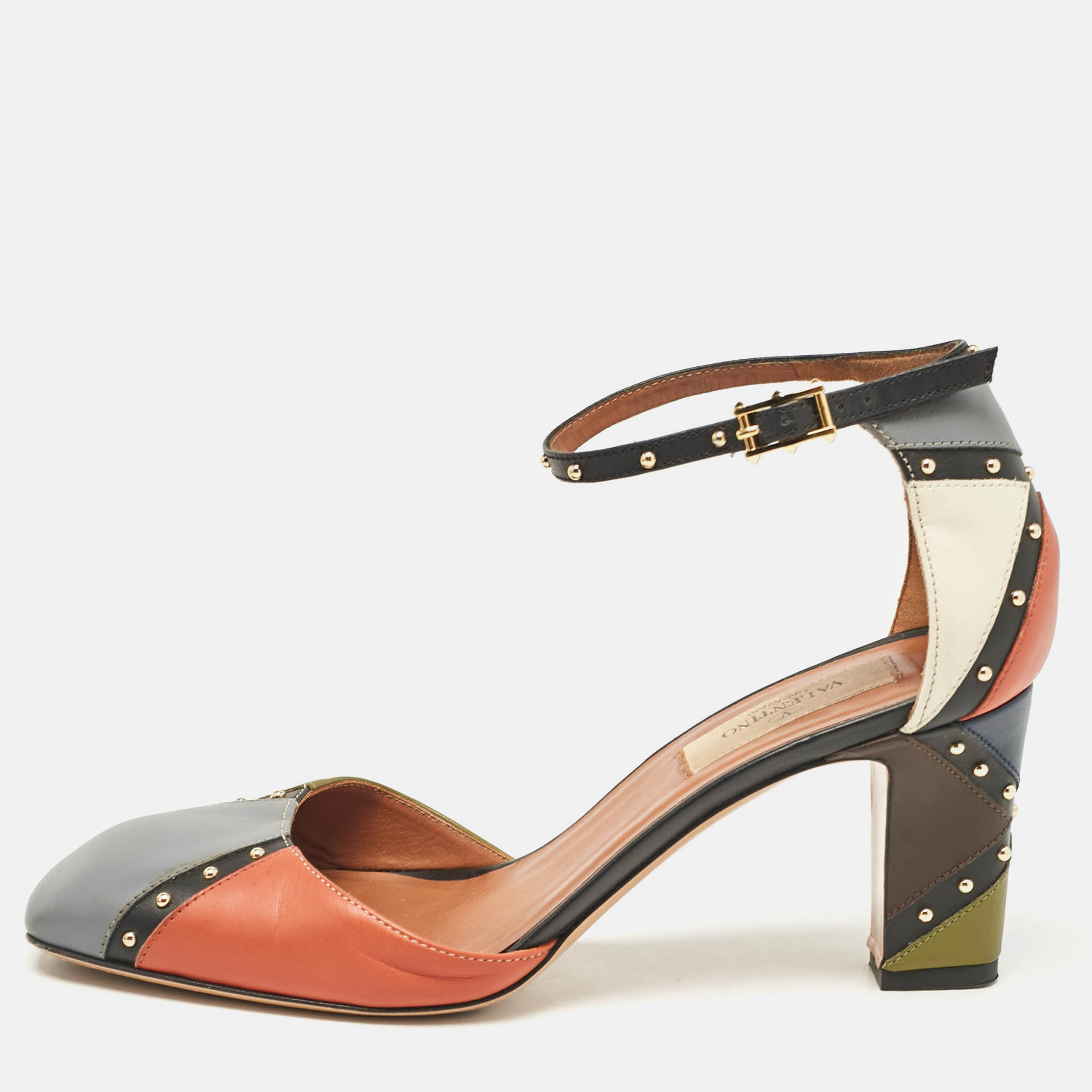 

Valentino Multicolor Leather Embellished Block Heel Ankle Strap Pumps Size