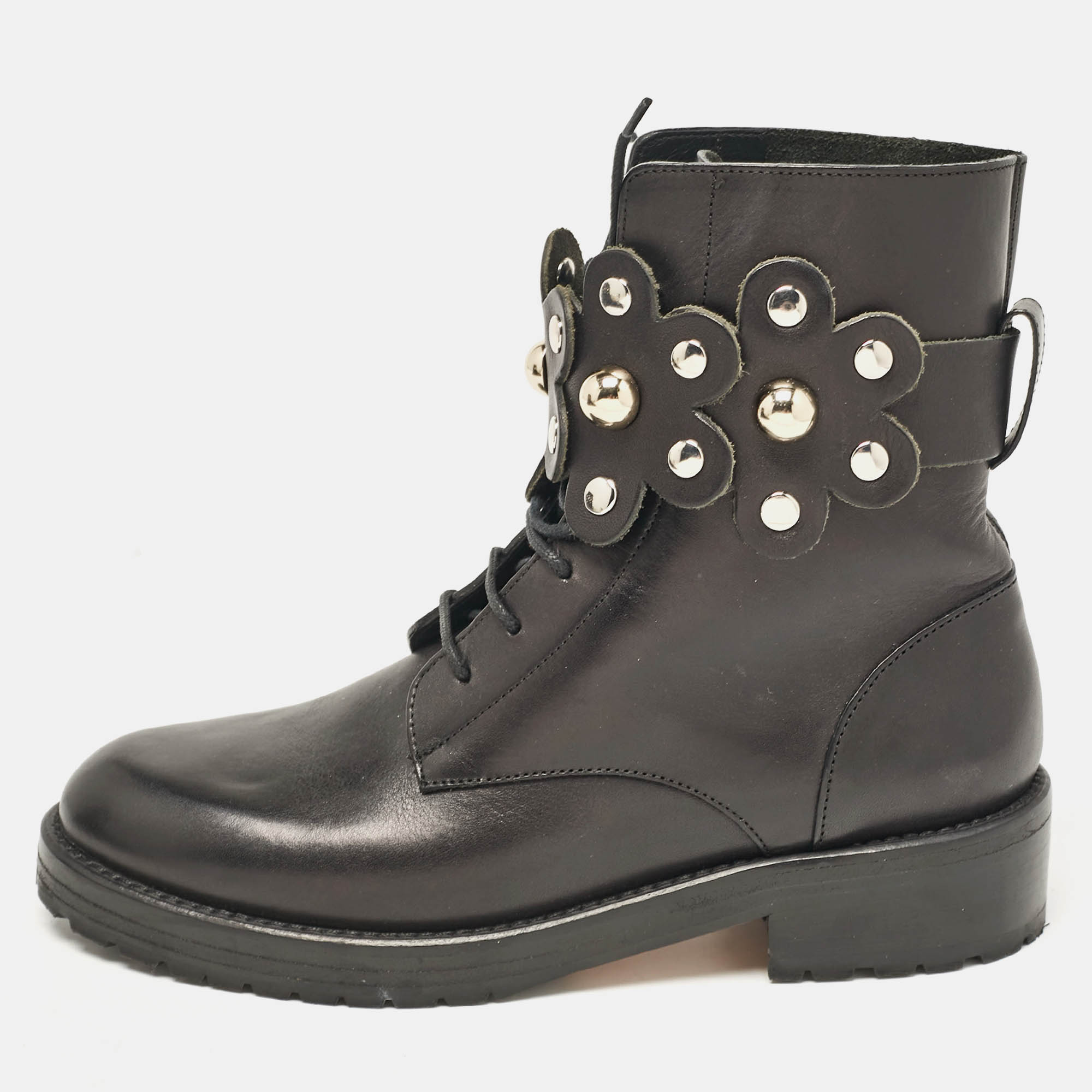 

Valentino Black Leather Embellished Combat Boots Size